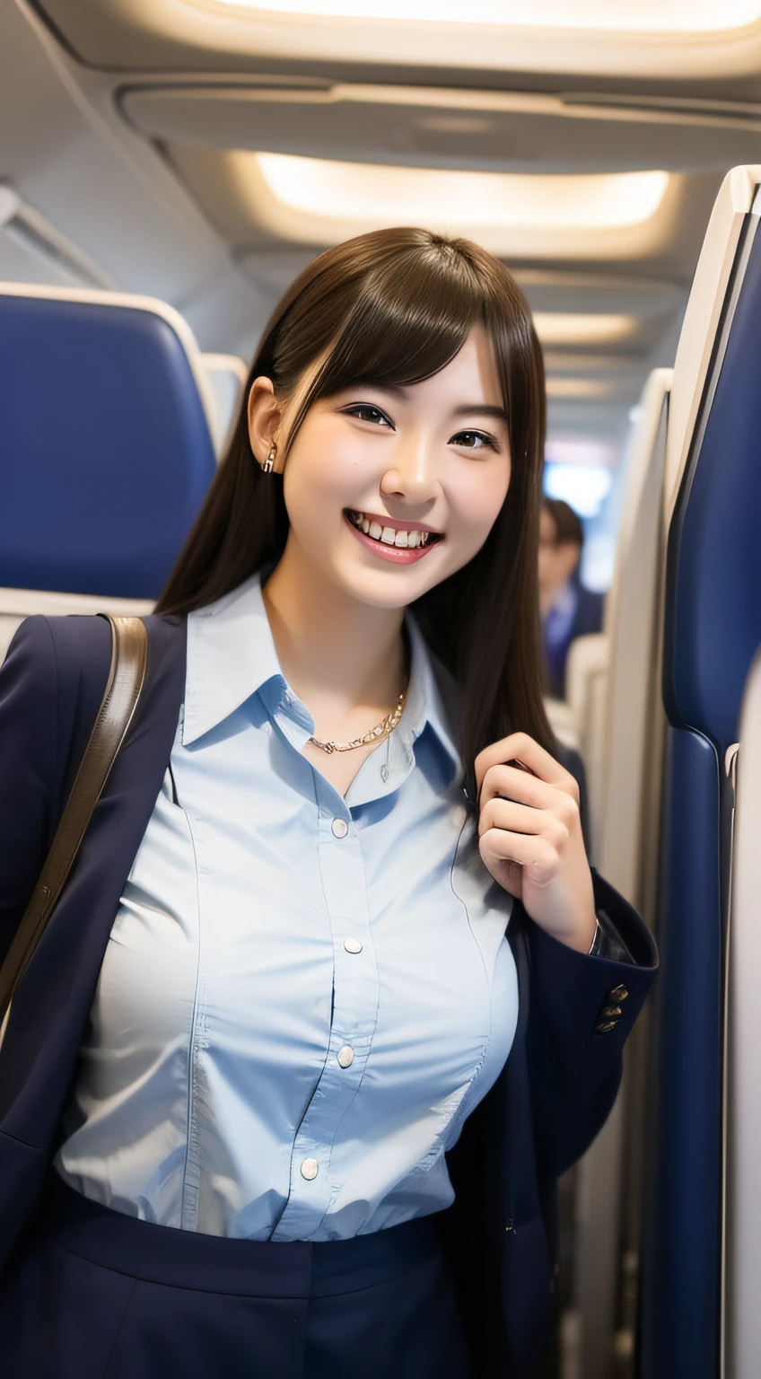 Stewardess woman smiling and serving customers on the plane、Longhaire、(Colossal tits:1.2)、((20 year old woman:1.ung adorable Japan face,8k,japanaese girl、realisitic