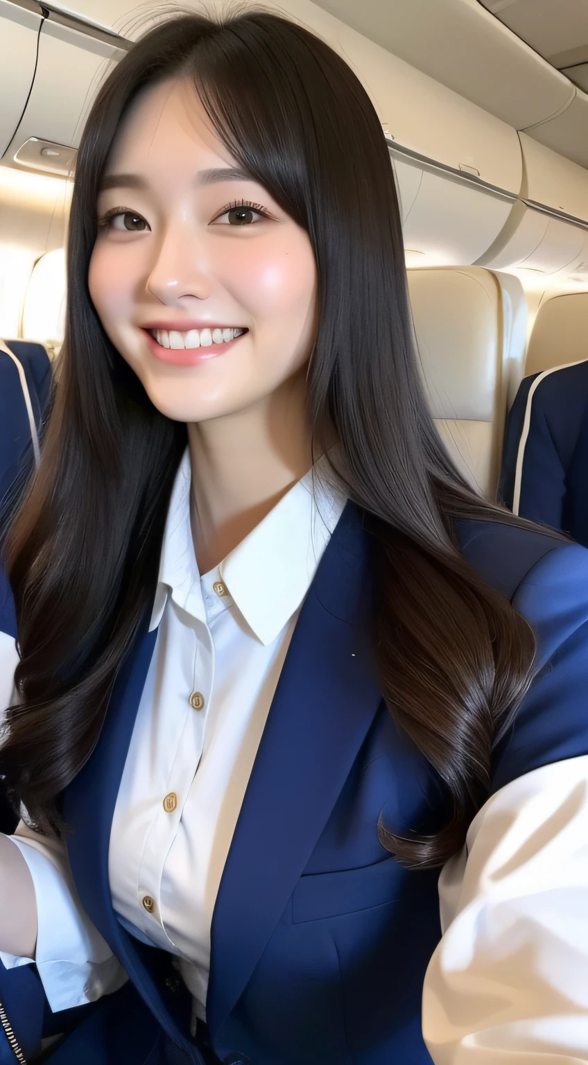 Stewardess woman smiling and serving customers on the plane、Longhaire、(Colossal tits:1.2)、((20 year old woman:1.2))、Young adorable Japan face,8k,japanaese girl、realisitic