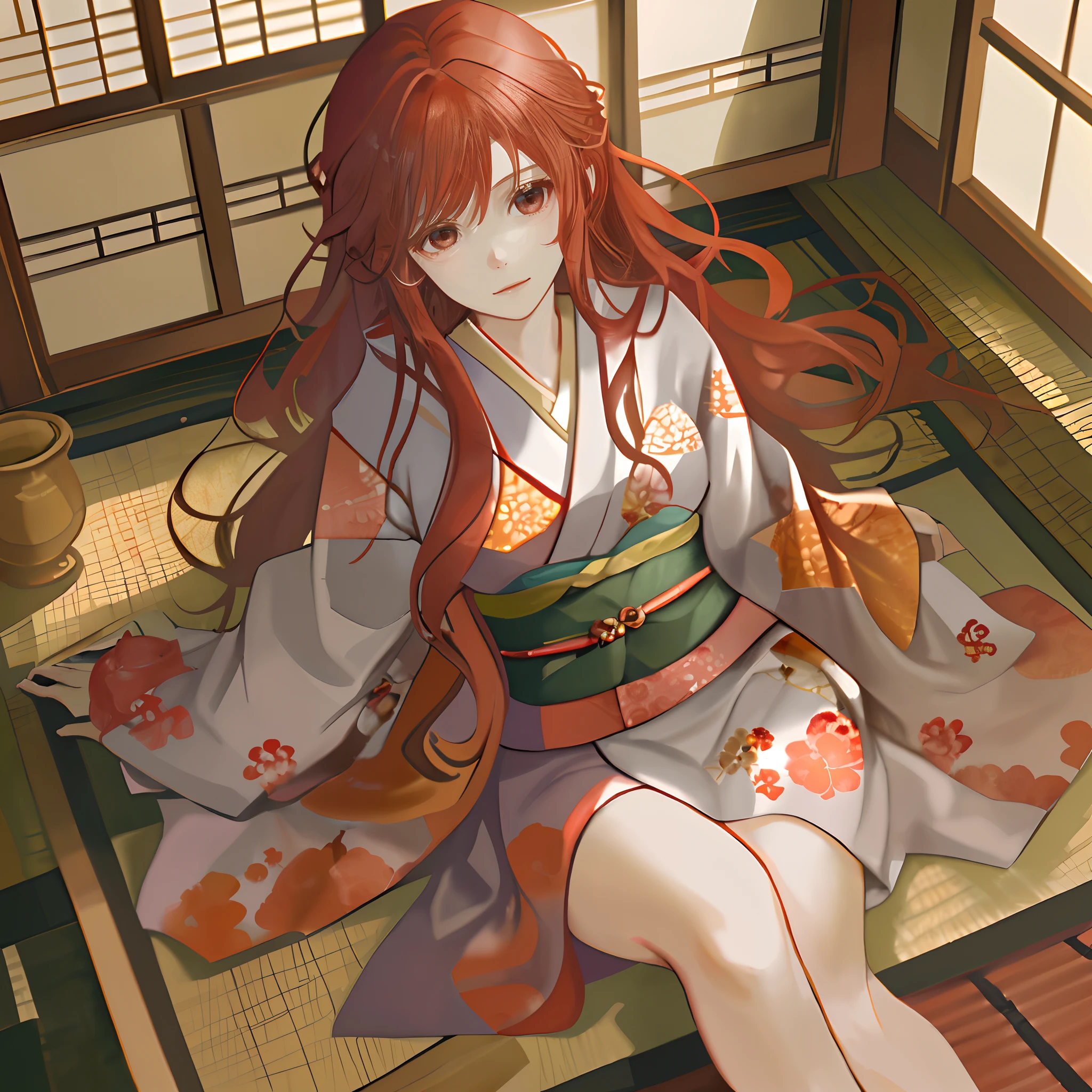 one-girl，red long wavy hair，in a kimono，Bare thighs，Seductive expressions，Lie on a tatami，In a Japanese-style wooden house，overhead photography