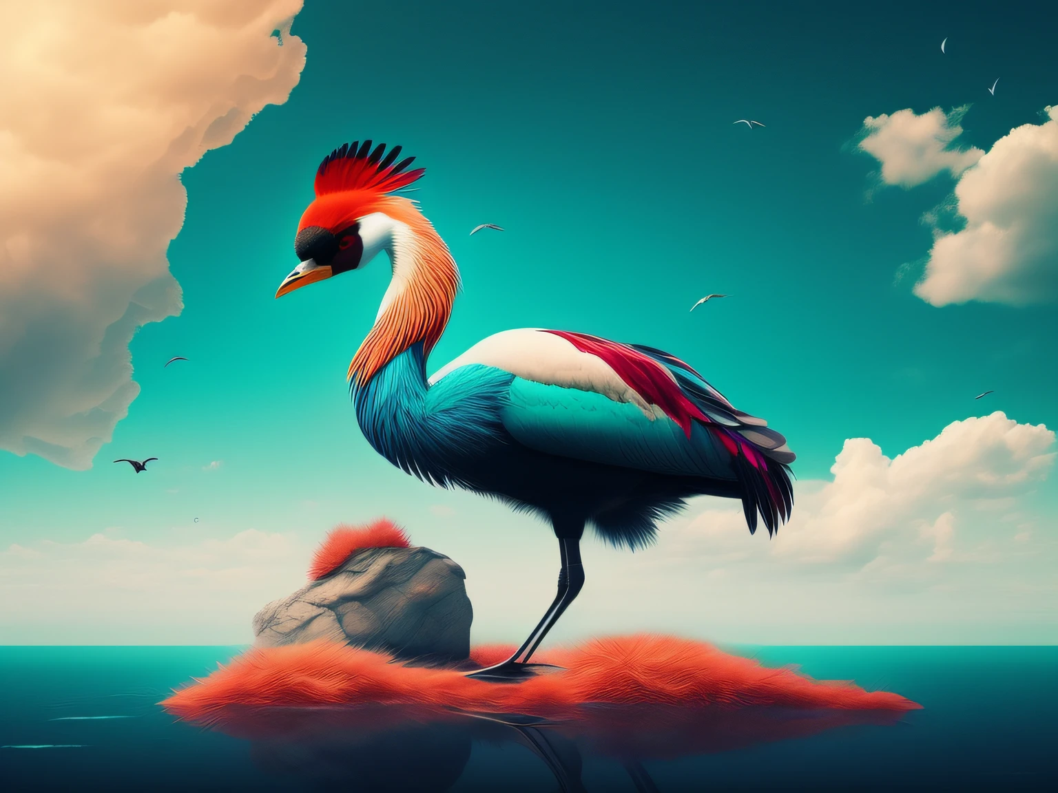 There is a one-legged red-crowned crane standing on a rock in the grass, (Cyan back feathers),(Red belly feathers),White mouth,a digital painting inspired by Mike Winkelmann, cgsociety contest winner, Fantasy art, fiery bird, birds f cgsociety, Beautiful digital artwork, surrealistic bird, Fantasy art Behance, stunning digital illustration, artwork of a phoenix, surrealistic bird, trend on behance 3d art