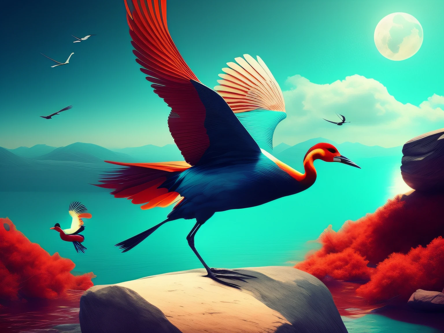 There is a one-legged red-crowned crane standing on a rock in the grass, (Cyan back feathers)，(Red belly feathers)，White mouth，a digital painting inspired by Mike Winkelmann, cgsociety contest winner, Fantasy art, fiery bird, birds f cgsociety, Beautiful digital artwork, surrealistic bird, Fantasy art Behance, stunning digital illustration, artwork of a phoenix, surrealistic bird, trend on behance 3d art