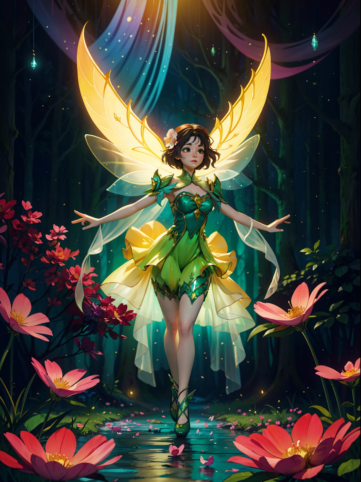 "Enchanting flower fairy dancing in a mystical forest, vibrant colors and delicate details, creating an ethereal atmosphere. Combine elements of fantasy and nature, with graceful movements and glowing wings. Surround the fairy with blooming flowers, shimmering sunlight, and a hint of magic. Let the scene exude a sense of wonder and enchantment."