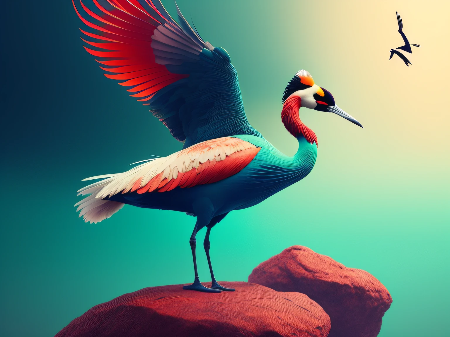 There is a one-legged red-crowned crane standing on a rock in the grass, (Cyan back feathers),(Red belly feathers),White mouth,a digital painting inspired by Mike Winkelmann, cgsociety contest winner, Fantasy art, fiery bird, birds f cgsociety, Beautiful digital artwork, surrealistic bird, Fantasy art Behance, stunning digital illustration, artwork of a phoenix, surrealistic bird, trend on behance 3d art
