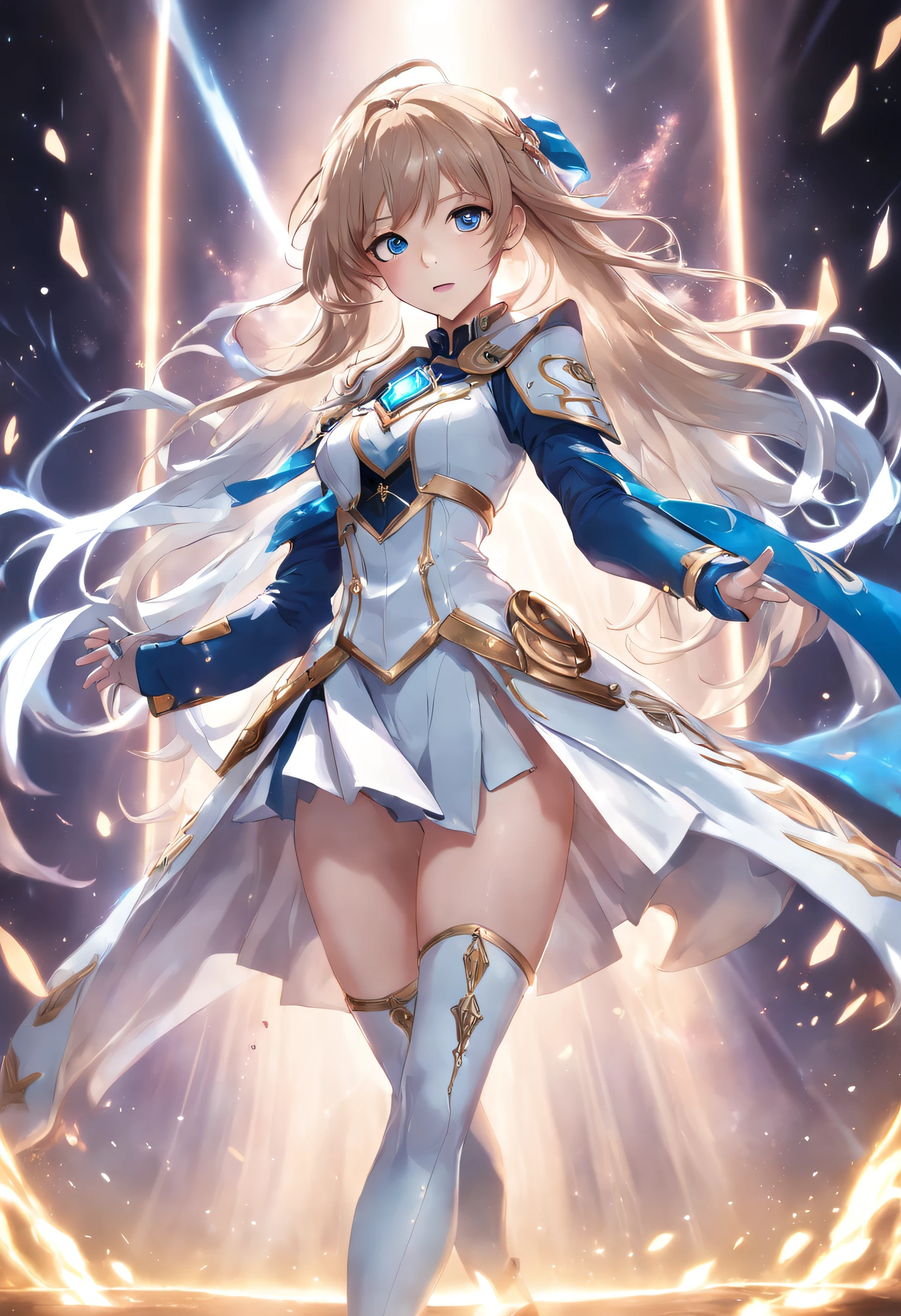 CG Taeyeon,Wearing an elaborate idol symbol uniform,White Cape Blue Glove Boots+Guitar Idol Girl,The whole body emits a mysterious light,Magical powers,,Soio,100 Realistic Superpowers Special Effects% full body photo shot
