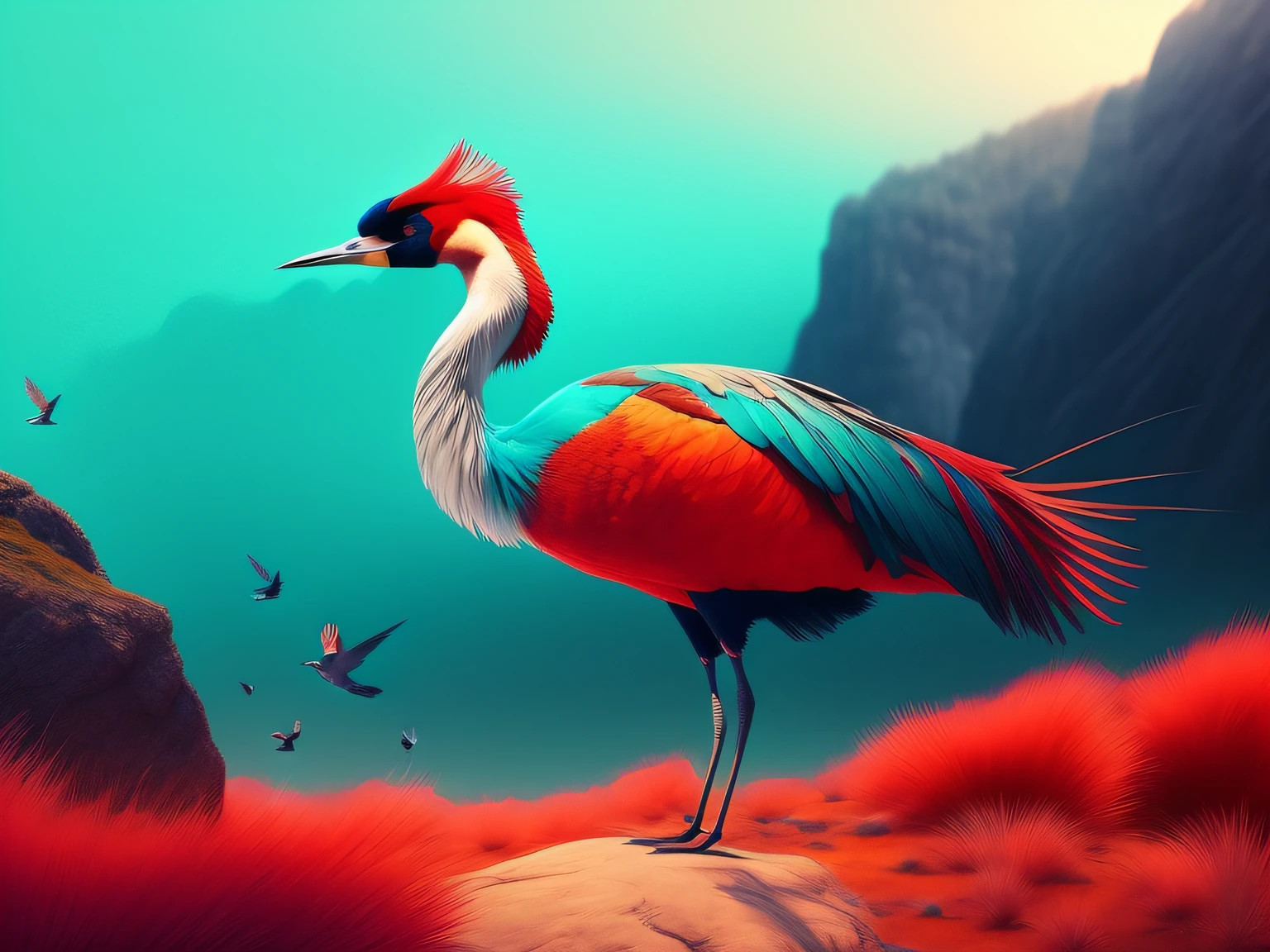 There is a one-legged red-crowned crane standing on a rock in the grass, (Cyan back feathers)，(Red belly feathers)，White mouth，a digital painting inspired by Mike Winkelmann, cgsociety contest winner, Fantasy art, fiery bird, birds f cgsociety, Beautiful digital artwork, surrealistic bird, Fantasy art Behance, stunning digital illustration, artwork of a phoenix, surrealistic bird, trend on behance 3d art