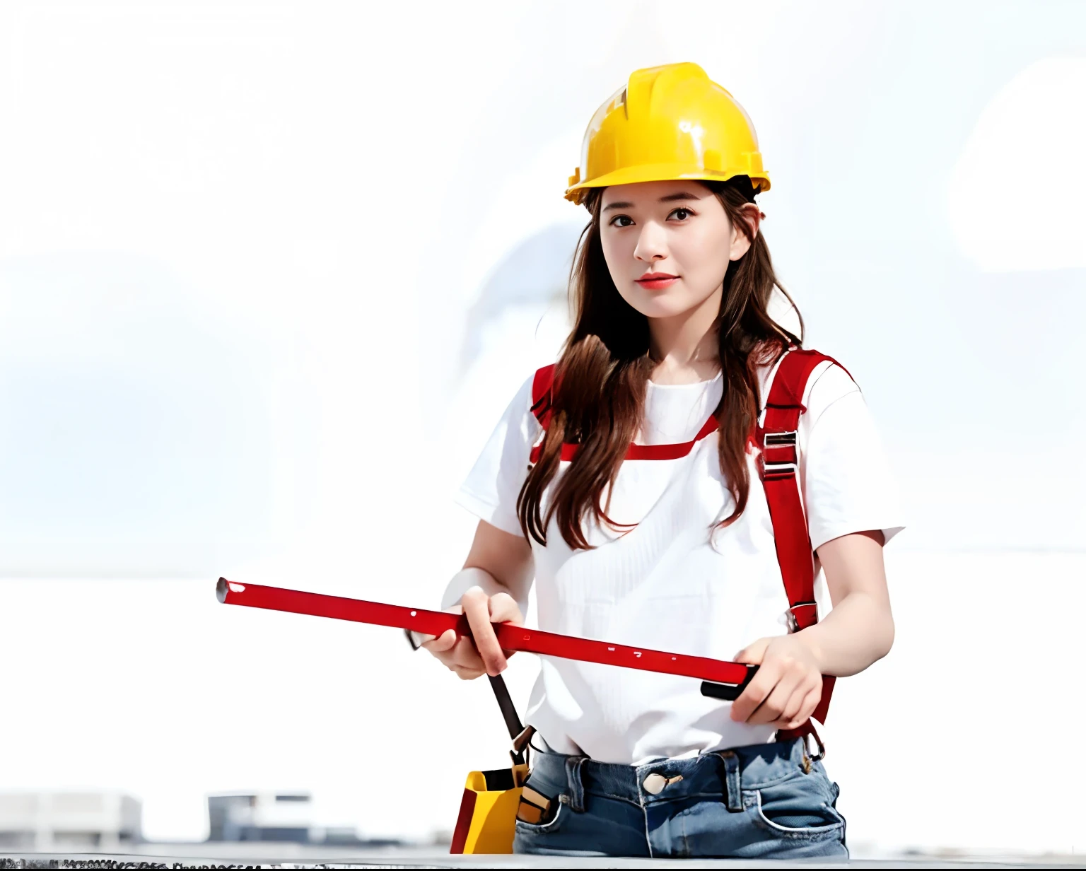 Woman holding a ruler in hard hat, Wearing red overalls，a carpenter, Construction, architect, civil engineer，advertisement picture, attractive female, marketing photo, yellow hardhat