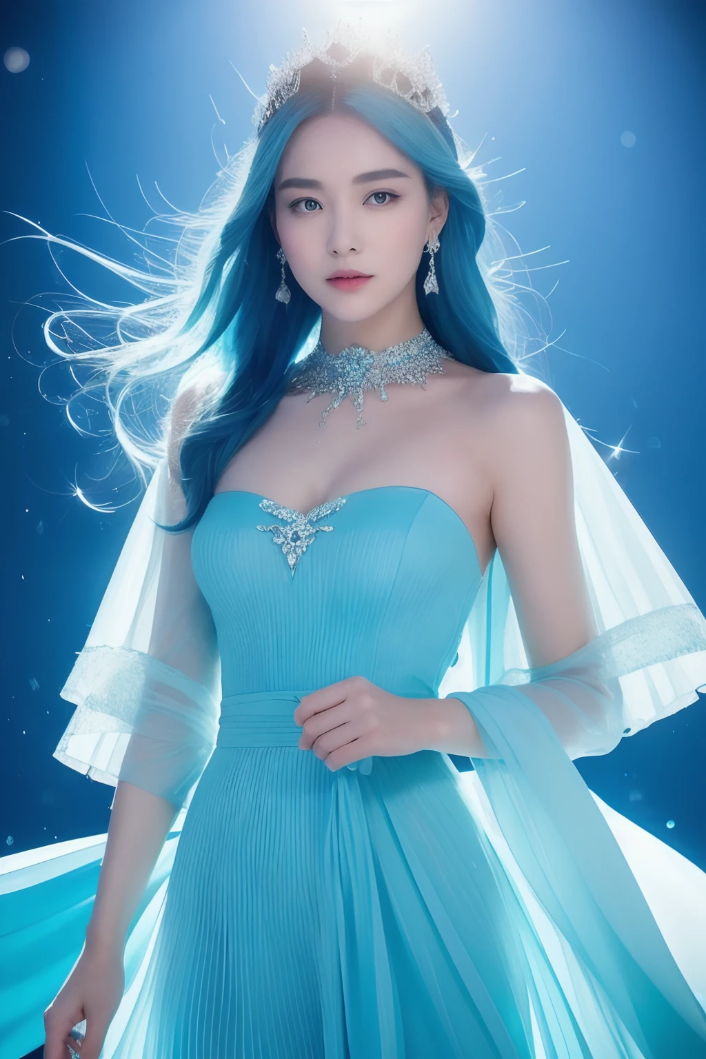 The Iceberg Queen is a tall figure、Beautiful looking women。She had ice blue hair,It's like winter ice,Exudes a mysterious and cold aura。Her hair is soft and smooth,As clear as ice and snow,Each one exudes a faint blue glow。Highly detailed face,Realistic and detailed skin,Perfect looks,Ice blue eyebrows and lips detailed perfectly。
The Queen's face is graceful,The eyebrows are curved like the moon,Lips slightly pursed,Exudes a touch of pride and confidence。Her melon-like face was as white as snow,Soft and smooth,It's like a meticulously crafted work of art。Her eyes were deep and clear,It's like a pool of turquoise water,It reveals wisdom and determination。
The Queen of Icebergs wears a gorgeous and elegant long dress,The skirt is made of royal blue chiffon,Light and flowy。The skirt features a delicate pleated design,Like falling snowflakes,It was as if a fascinating landscape had formed behind her。
Her body is encrusted with a series of delicate silver jewelry,Exudes an icy glow,Goes well with her ice-blue hair。The queen wears a diamond ring with a shimmering blue light on her finger,Make her more noble and elegant。
The environment in which the Iceberg Queen is located seems to be a perfect portrayal of the world of ice and snow。It is surrounded by rolling glaciers and towering snow-capped mountains,The sun shines on the snow,The whole environment is filled with a bright light。The cold breeze blows lightly,Bring a touch of coolness,But this does not weaken the majesty and temperament of the queen in the slightest。
generally,Iceberg Queen with her ice blue hair、Noble and elegant appearance、Gorgeous makeup and clothing,and the purity and mystery of the ice and snow world that surrounds her,It is impossible to ignore her existence。