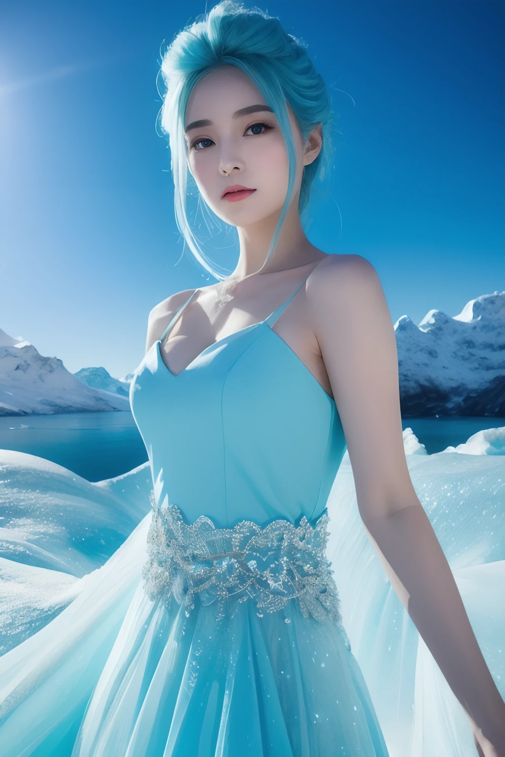 The Iceberg Queen is a tall figure、Beautiful looking women。She had ice blue hair，It's like winter ice，Exudes a mysterious and cold aura。Her hair is soft and smooth，As clear as ice and snow，Each one exudes a faint blue glow。Highly detailed face，Realistic and detailed skin，Perfect looks，Ice blue eyebrows and lips detailed perfectly。
The Queen's face is graceful，The eyebrows are curved like the moon，Lips slightly pursed，Exudes a touch of pride and confidence。Her melon-like face was as white as snow，Soft and smooth，It's like a meticulously crafted work of art。Her eyes were deep and clear，It's like a pool of turquoise water，It reveals wisdom and determination。
The Queen of Icebergs wears a gorgeous and elegant long dress，The skirt is made of royal blue chiffon，Light and flowy。The skirt features a delicate pleated design，Like falling snowflakes，It was as if a fascinating landscape had formed behind her。
Her body is encrusted with a series of delicate silver jewelry，Exudes an icy glow，Goes well with her ice-blue hair。The queen wears a diamond ring with a shimmering blue light on her finger，Make her more noble and elegant。
The environment in which the Iceberg Queen is located seems to be a perfect portrayal of the world of ice and snow。It is surrounded by rolling glaciers and towering snow-capped mountains，The sun shines on the snow，The whole environment is filled with a bright light。The cold breeze blows lightly，Bring a touch of coolness，But this does not weaken the majesty and temperament of the queen in the slightest。
generally，Iceberg Queen with her ice blue hair、Noble and elegant appearance、Gorgeous makeup and clothing，and the purity and mystery of the ice and snow world that surrounds her，It is impossible to ignore her existence。