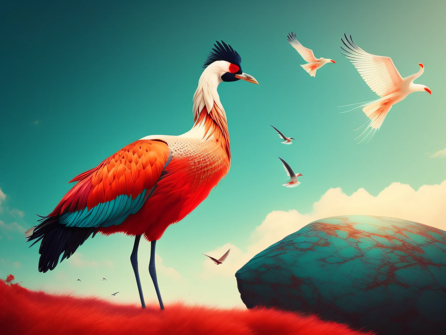 There is a one-legged red-crowned crane standing on a rock in the grass, (Cyan back feathers)，(Red belly feathers)，White mouth，a digital painting inspired by Mike Winkelmann, cgsociety contest winner, Fantasy art, fiery bird, birds f cgsociety, Beautiful digital artwork, surrealistic bird, Fantasy art Behance, stunning digital illustration, artwork of a phoenix, surrealistic bird, trend on behance 3d art