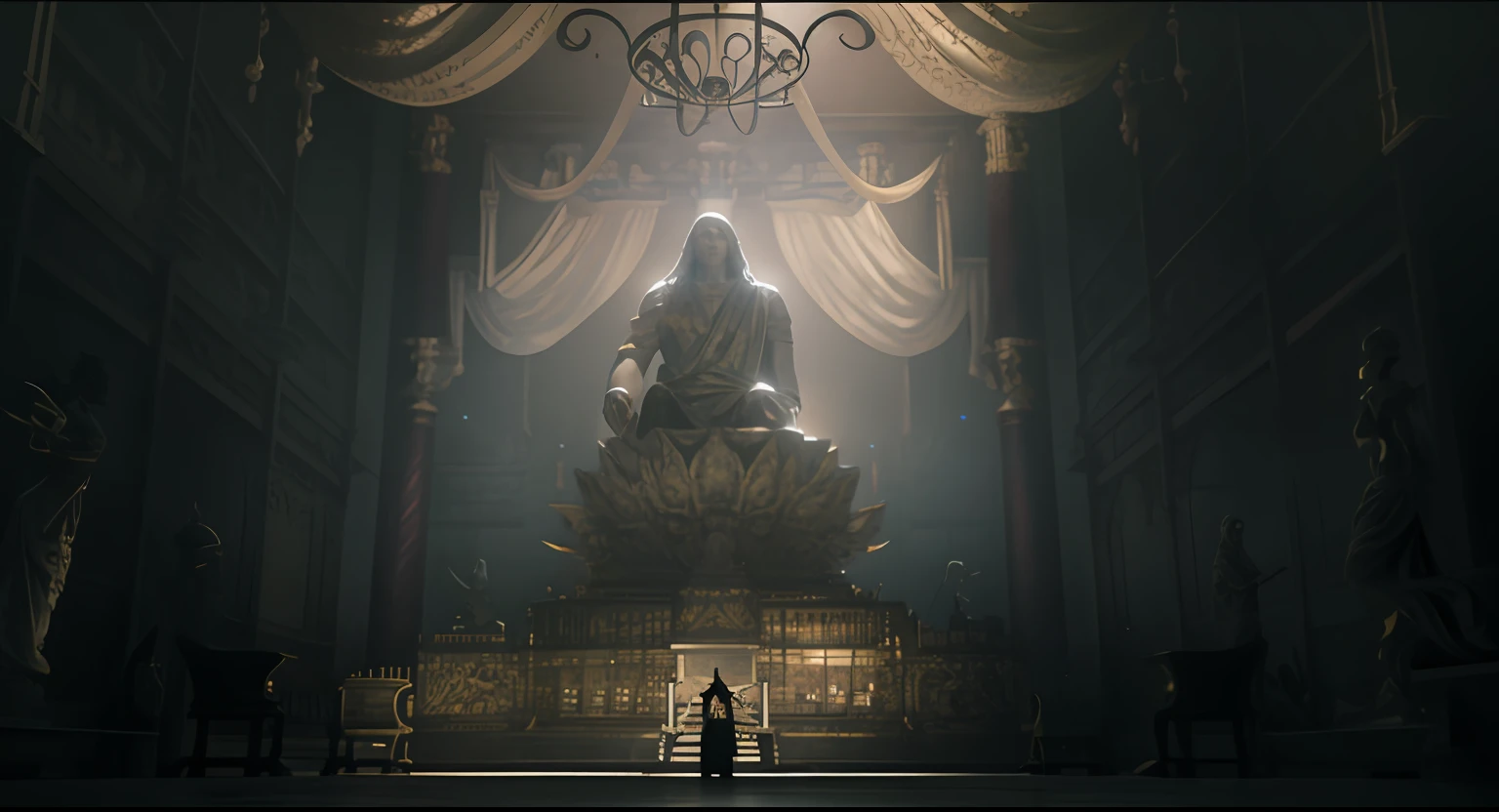 A statue is found in a room with large windows, square enix cinematic art, detailed cinematic rendering, stunning cinematography, Cinematography concept art, detailed cinematic shot, unreal engine rendered ， Dramatic lighting. concept-art, james gurney cinematic lighting, epic cinematic concept art, Cinematic. Beautiful and cinematic lighting