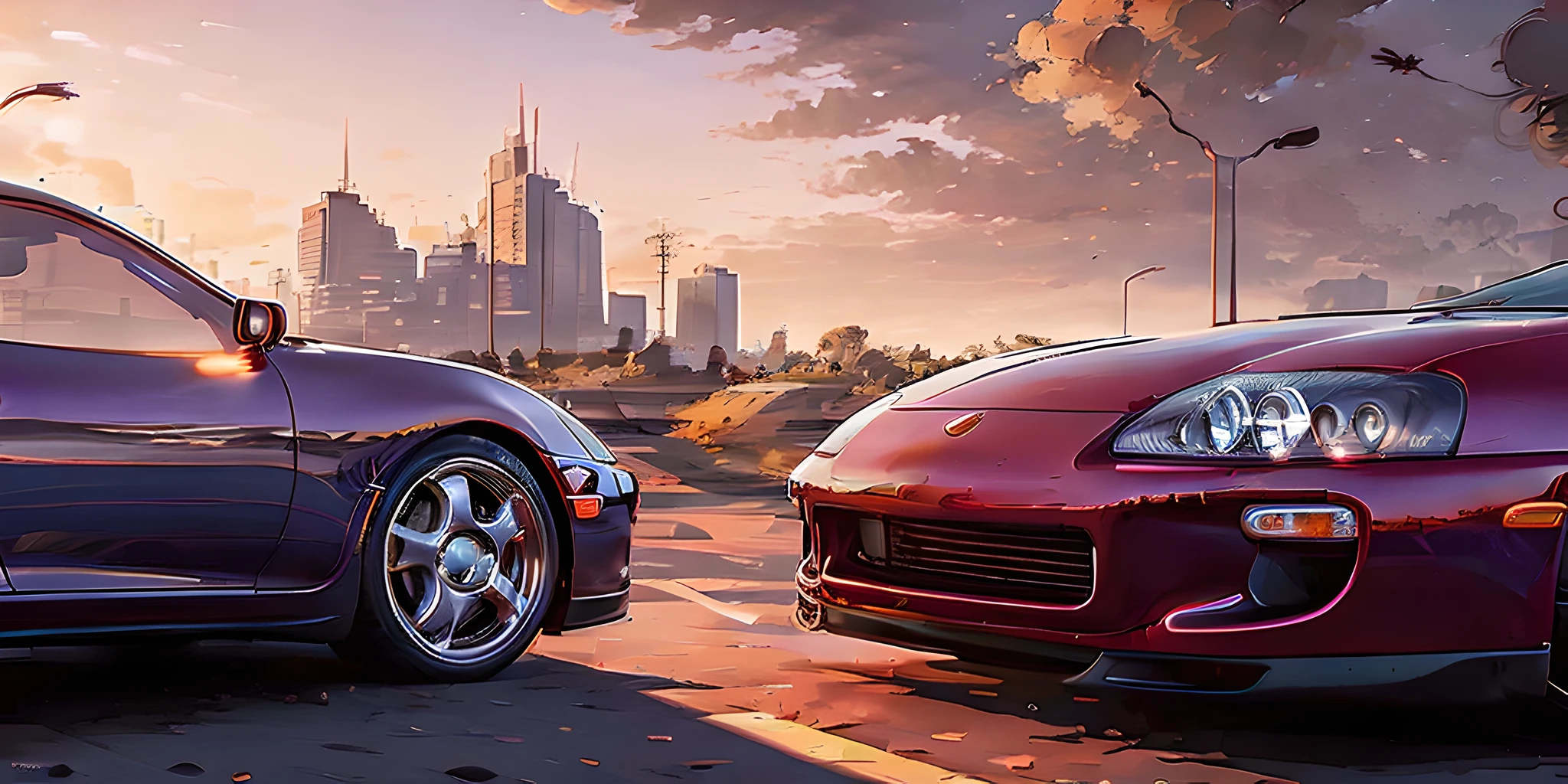 a close up of two cars on a city street with a sunset in the background, 4 k hd wallpaper illustration, background artwork, 4 k hd illustrative wallpaper, car concept art, concept art wallpaper 4k, concept art style, syd mead and raphael lacoste, style of gta v artworks, in style of syd mead, concept art 4k