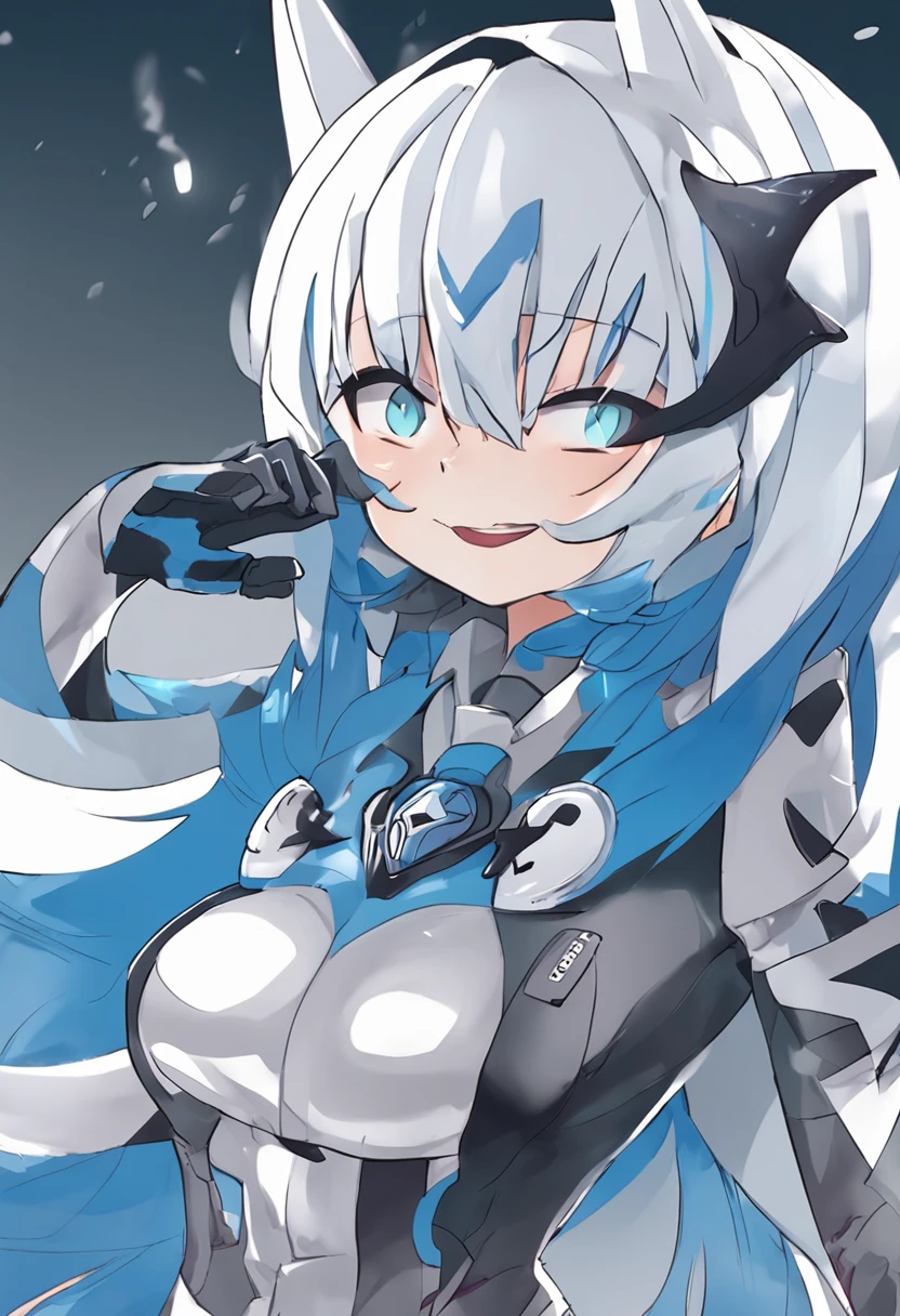 Anime character with white hair and blue eyes in a blue costume, gawr gura, Kantai collection style, anthropomorphic shark, Blue Shark, grin, (Anime girl), small curvaceous loli, Pisif, Hefty Smile, zerochan art, Anime monster girl, zerochan, Cute:2, [[[[grinning evily]]]]