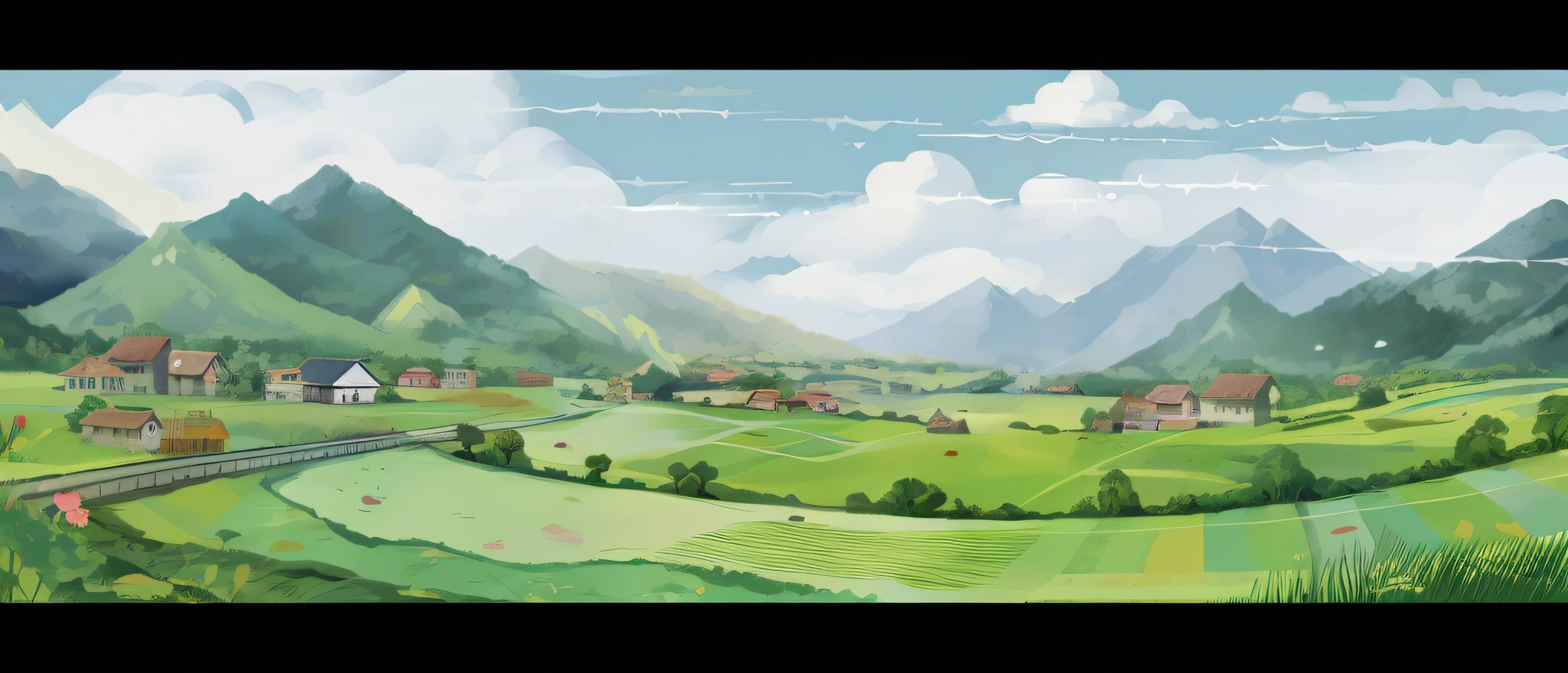 There is a painting of a train passing through the countryside, anime countryside landscape, Anime landscape, distant village background, Countryside, distant villagescape, lush countryside, landscape artwork, Landscape illustration, Detailed scenery —width 672, arte de fundo, Anime landscape concept art, drawn in anime painter studio, 4 k digital painting, 4k digital painting, Anime landscapes