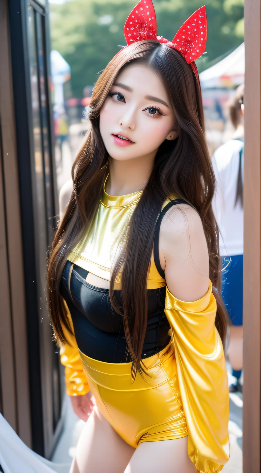 Female dancer in flashy costume performing dance to customers at theme park、Longhaire、(Colossal tits:1.2)、((20 year old woman:1.2))、Young adorable Japan face,8k,japanaese girl、realisitic