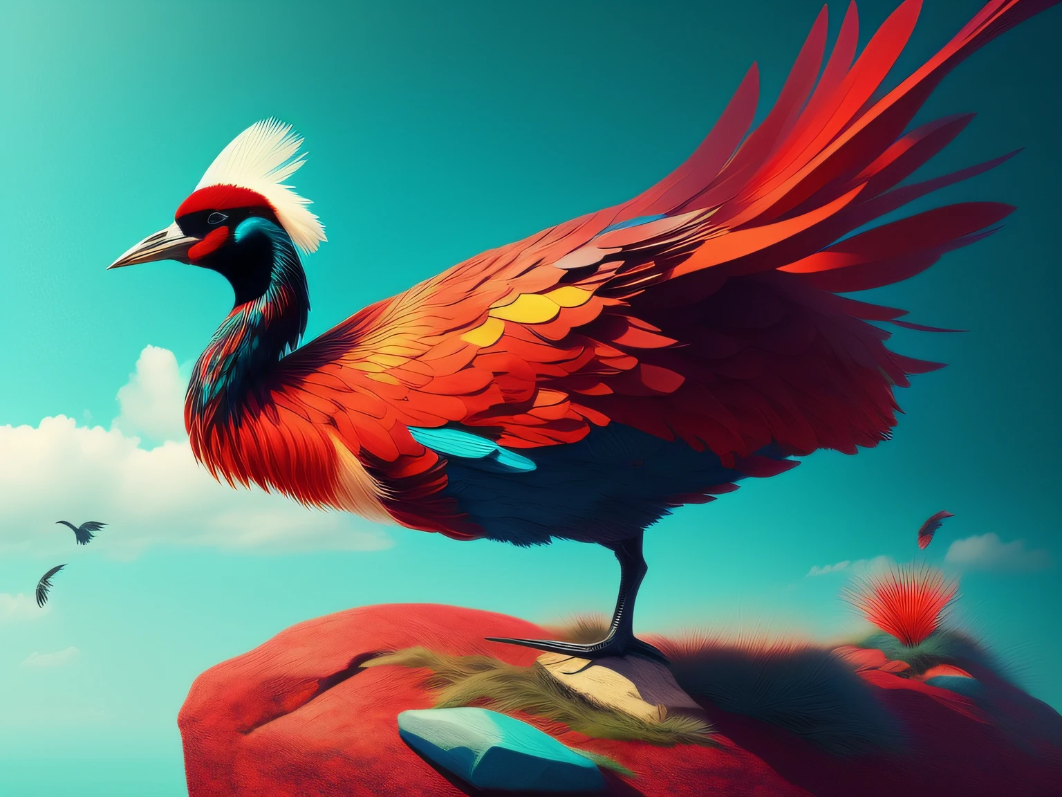 There is a one-legged red-crowned crane standing on a rock in the grass, (Cyan back feathers),(Red belly feathers),White mouth,a digital painting inspired by Mike Winkelmann, cgsociety contest winner, Fantasy art, fiery bird, birds f cgsociety, Beautiful digital artwork, surrealistic bird, Fantasy art Behance, stunning digital illustration, artwork of a phoenix, surrealistic bird, trend on behance 3d art