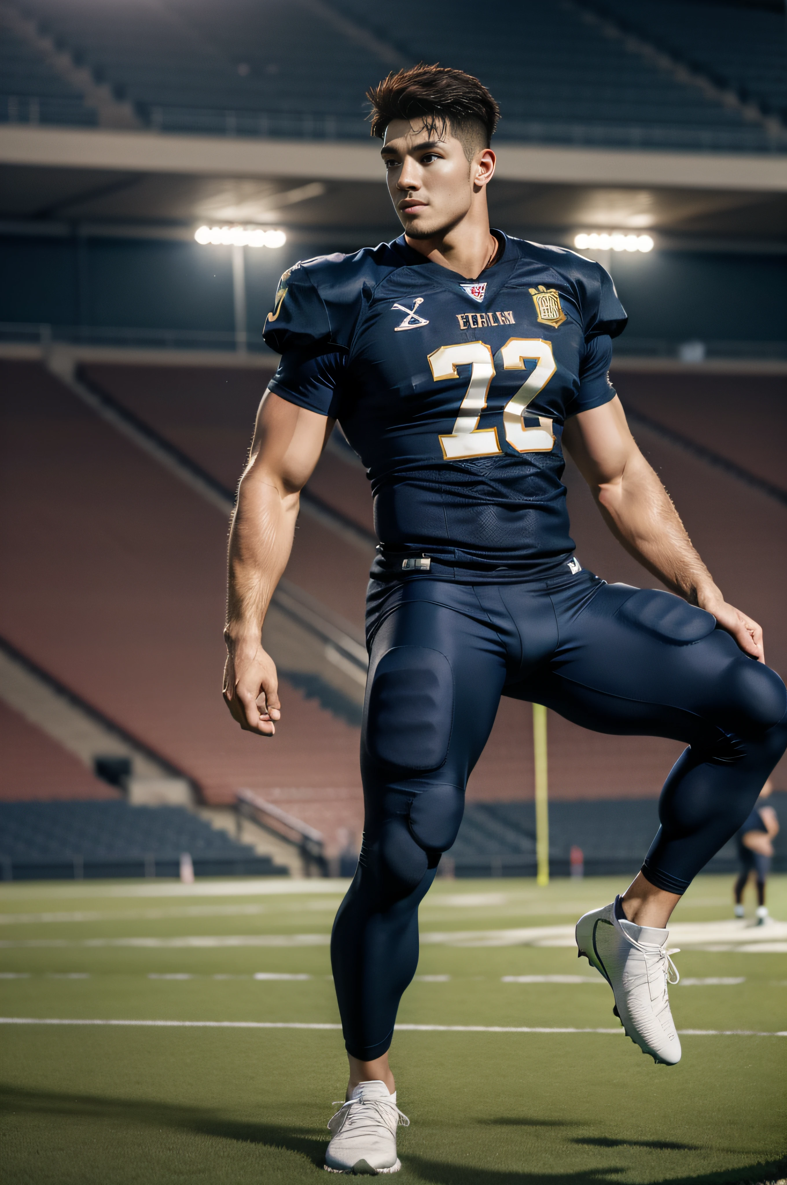 Football venues,sweat leggs,Photos during exercise,Football player costume,,Masculine,Exquisite facial features,virile,musculature,rich facial detail(The crotch is raised)full bodyesbian