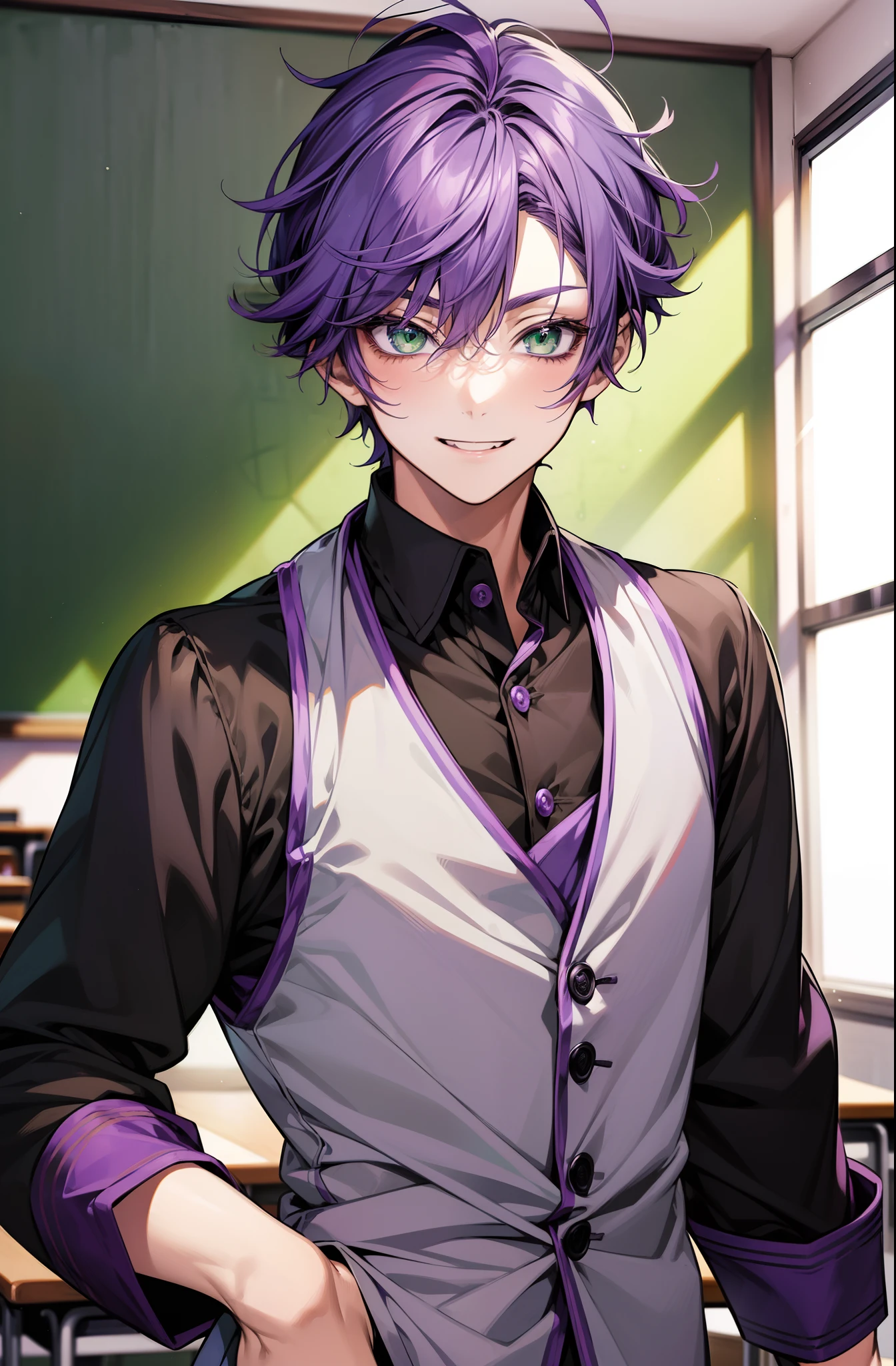 solo, (((anime boy with purple hair))), ((in traditional black buttoned school uniform)), ((anime androgynous prince)), (green eyes), (playful smile), ((classroom in background)), ((high quality)), (extremely detailed