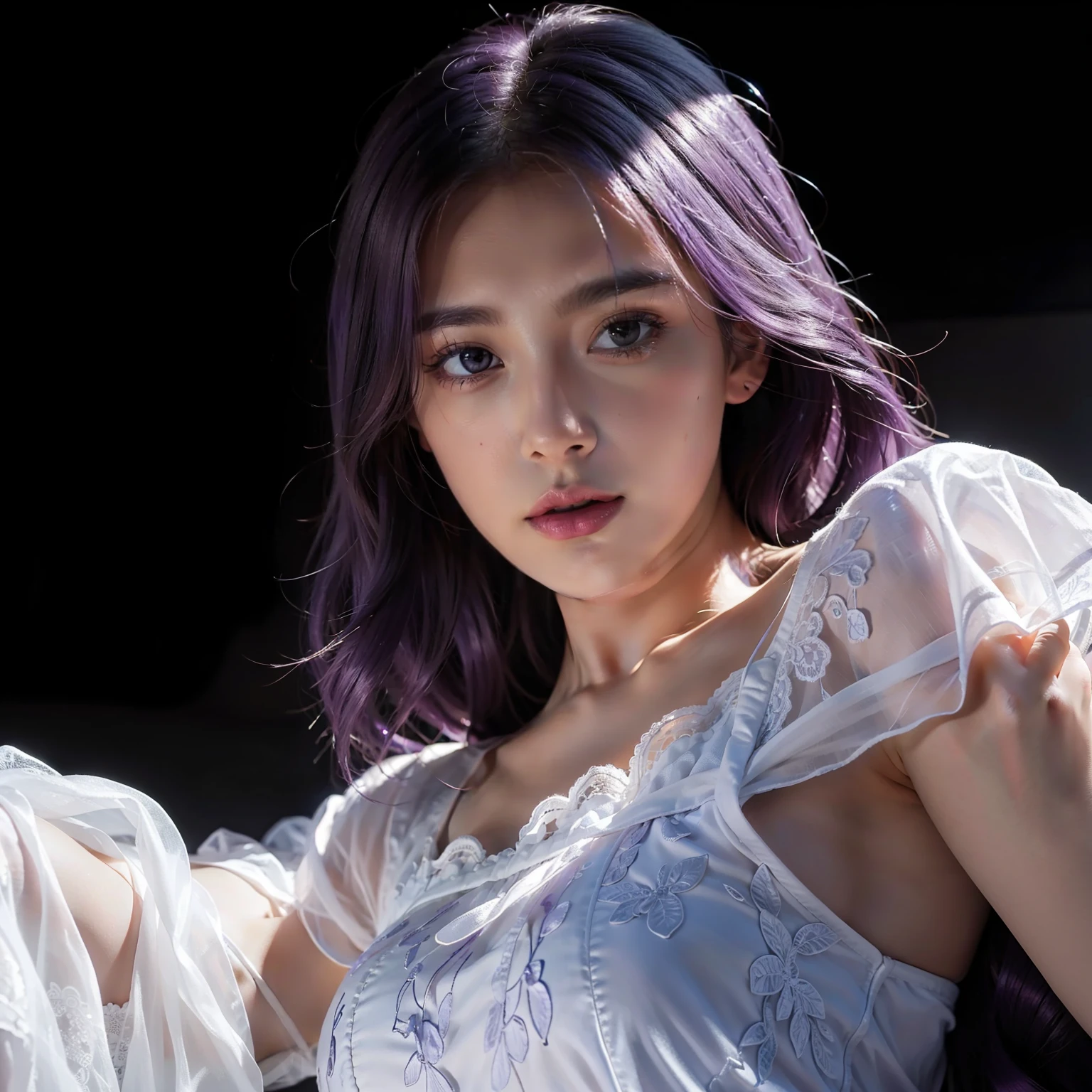 best quality,masterpiece,extremely detailed,high res,4k,ultra high res,detailed shadow,ultra realistic,realistic,dramatic lighting,1girl,solo,detailed face,realistic eyes,realistic skin,white dress,purple hair,dynamic pose, white lace dress