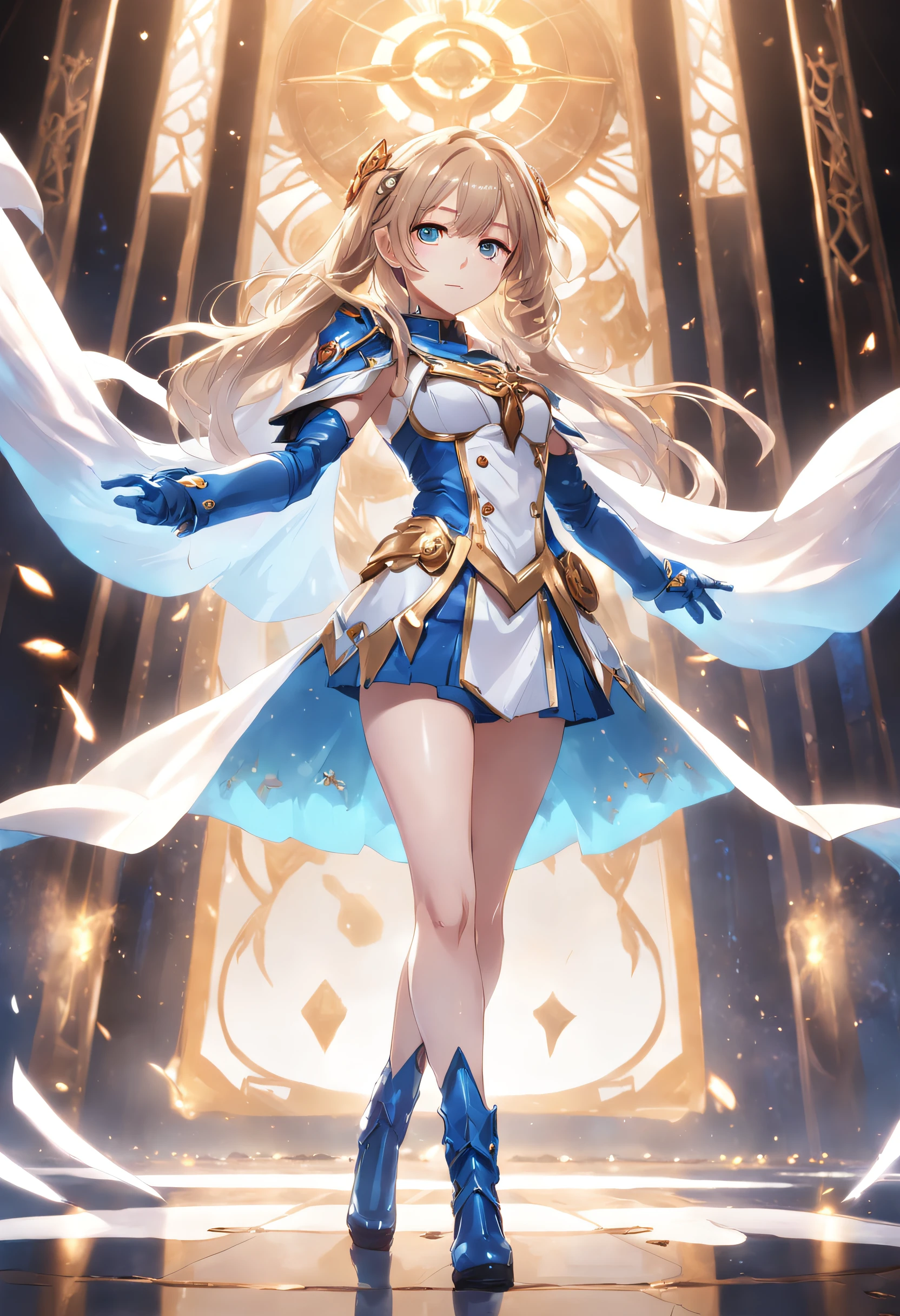 CG Taeyeon，Wearing an elaborate idol symbol uniform，White Cape Blue Glove Boots+Guitar Idol Girl，The whole body emits a mysterious light，Magical powers，，Soio，100 Realistic Superpowers Special Effects% full body photo shot