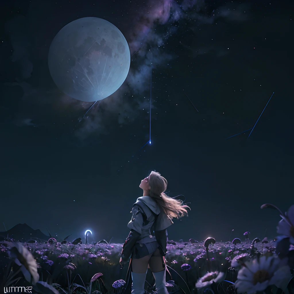 (Absurd, Cinematic, nffsw, Haute, ultra-detailliert, ultra-detailliert), Woman looking up at the sky, Write, Dark purple sky, Nebulae in the sky, The Last Five in the Sky, Big moon in the sky, shooting stars, Dandelion field, mont, Oil Painting, Detailed dandelion field, Detailed sky, Sunset, unreal engine 4k wallpaper