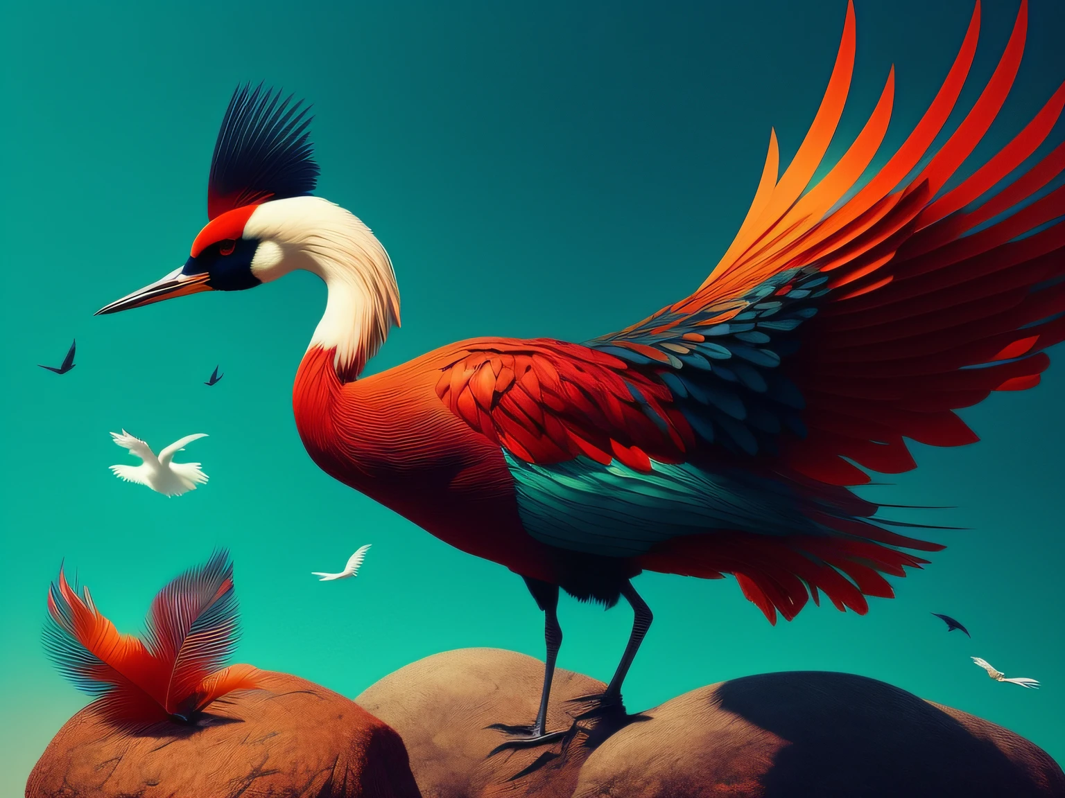 There is a one-legged red-crowned crane standing on a rock in the grass, (Cyan back feathers),(Red belly feathers),White mouth,a digital painting inspired by Mike Winkelmann, cgsociety contest winner, Fantasy art, fiery bird, birds f cgsociety, Beautiful digital artwork, surrealistic bird, Fantasy art Behance, stunning digital illustration, artwork of a phoenix, surrealistic bird, trend on behance 3d art