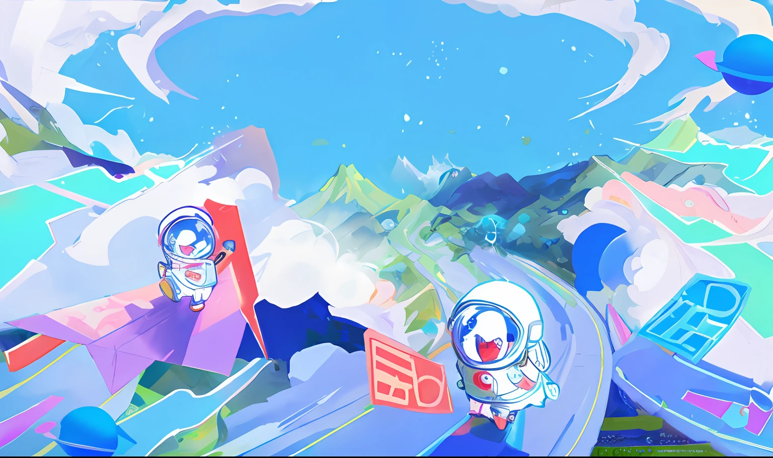 Mobile game background, Epic highways, 8 K cartoon illustration, Mobile game art, digital 2d illustration, 4 k hd illustrative wallpaper, space walk scene, animation illustrative style, 2 d illustration, bubbly scenery, Public welfare education poster，Big Mountain