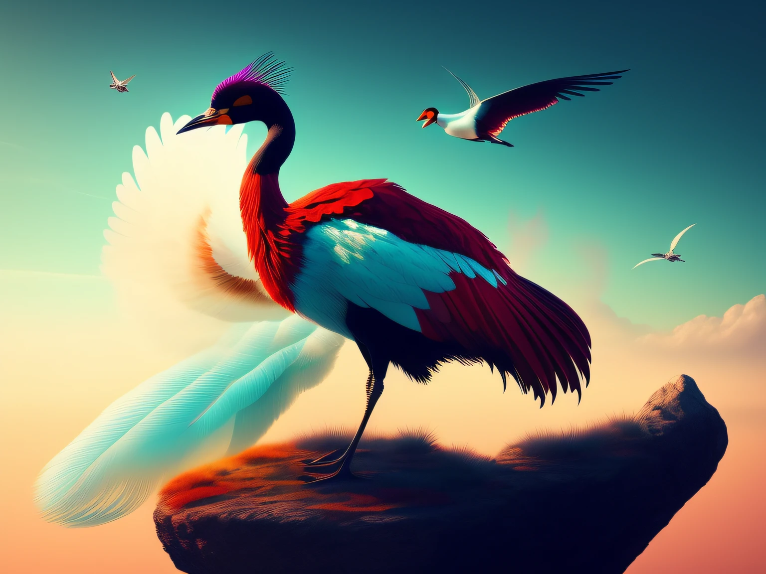 There is a one-legged red-crowned crane standing on a rock in the grass, (Cyan back feathers)，(Red belly feathers)，White mouth，a digital painting inspired by Mike Winkelmann, cgsociety contest winner, Fantasy art, fiery bird, birds f cgsociety, Beautiful digital artwork, surrealistic bird, Fantasy art Behance, stunning digital illustration, artwork of a phoenix, surrealistic bird, trend on behance 3d art