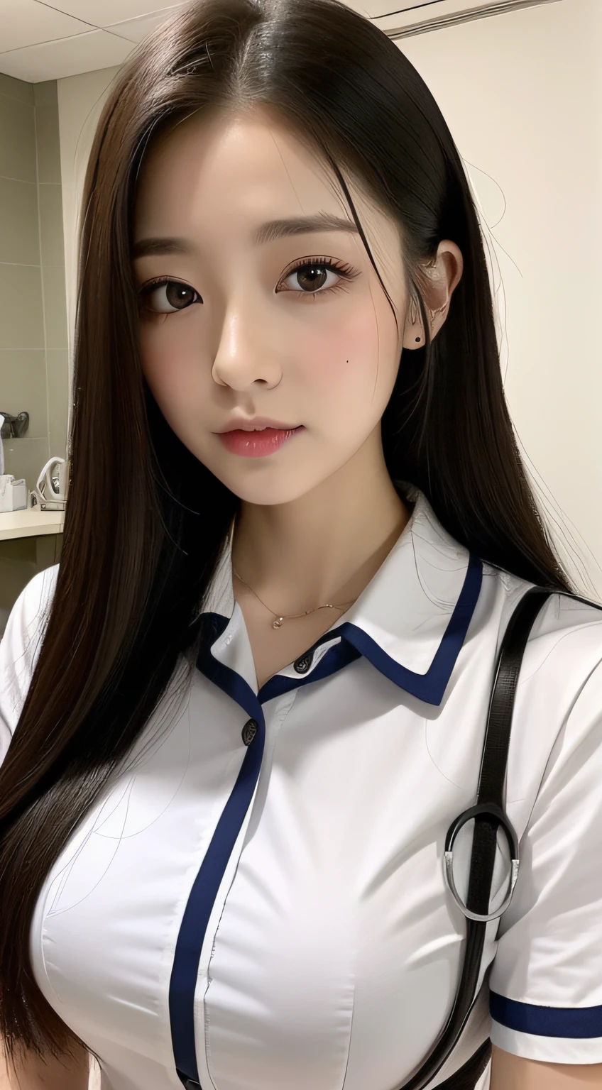 Woman in nurse uniform holding stethoscope in hospital、Longhaire、(​masterpiece、top-quality) 、Longhaire、absolutely outstanding image, very extremely beautiful、​masterpiece, top-quality,a picture, kawaii、(Colossal tits:1.2)、((20 year old woman:1.2))、Young adorable Japan face,8k,japanaese girl、realisitic