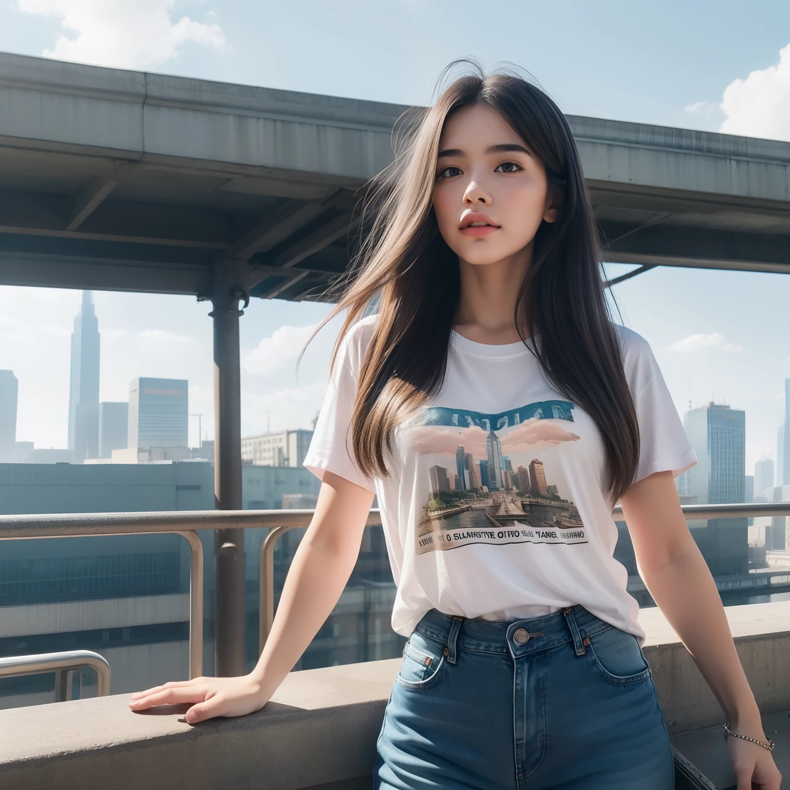 highest quallity, illustration, ultra detailed, (detailed face), (detailed eyes), soft lighting, best quality, hazy glow, dreamy atmosphere, hyper detailed, masterpiece, 1girl, solo, stand up, half body, t shirt, jeans, abs, muscle, outdoors, morning, clouds, tall buildings in background, industrial, public transportation, urban, concrete buildings