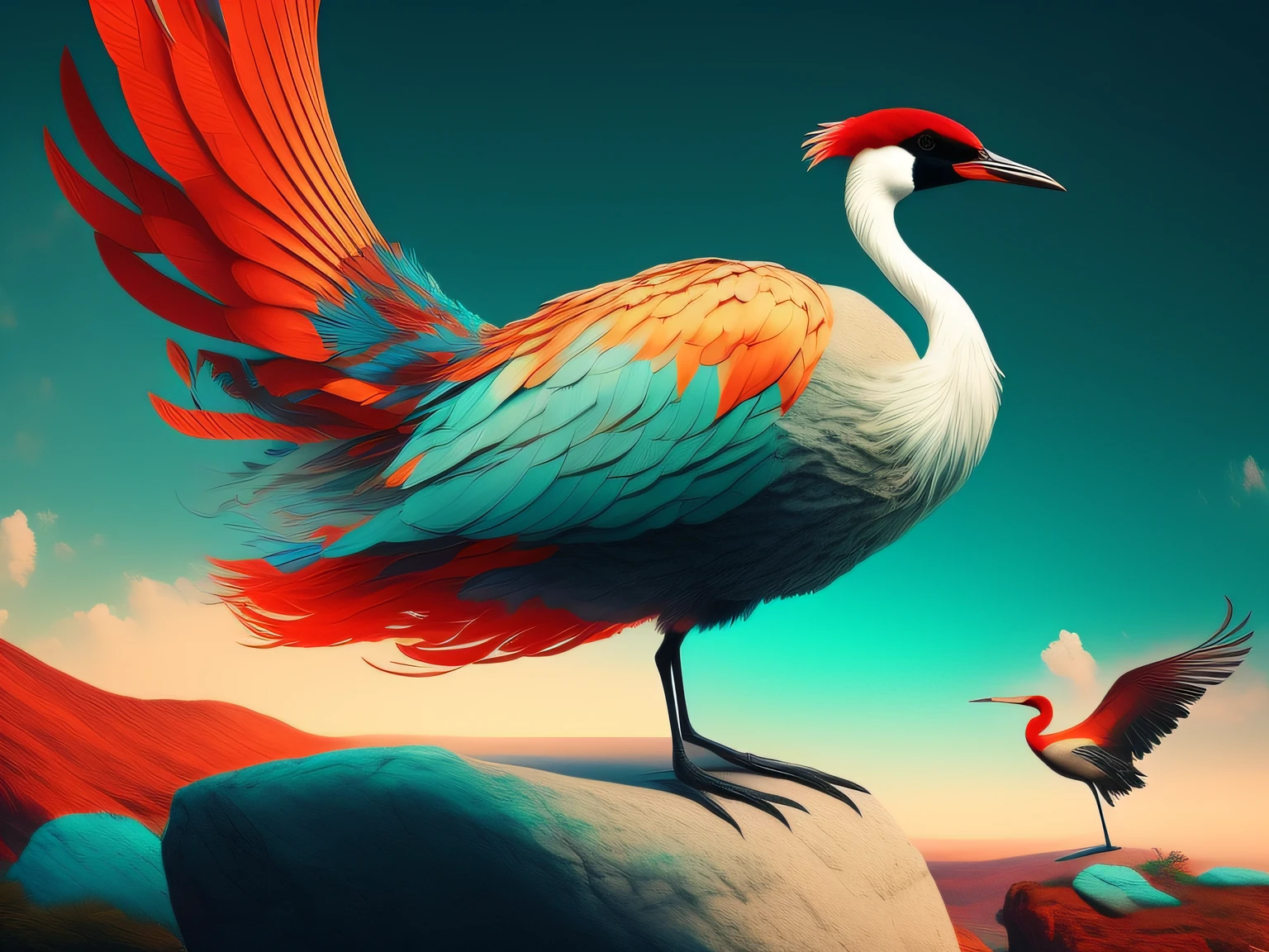 There is a one-legged red-crowned crane standing on a rock in the grass, (Cyan back feathers),(Red belly feathers),White mouth,a digital painting inspired by Mike Winkelmann, cgsociety contest winner, Fantasy art, fiery bird, birds f cgsociety, Beautiful digital artwork, surrealistic bird, Fantasy art Behance, stunning digital illustration, artwork of a phoenix, surrealistic bird, trend on behance 3d art