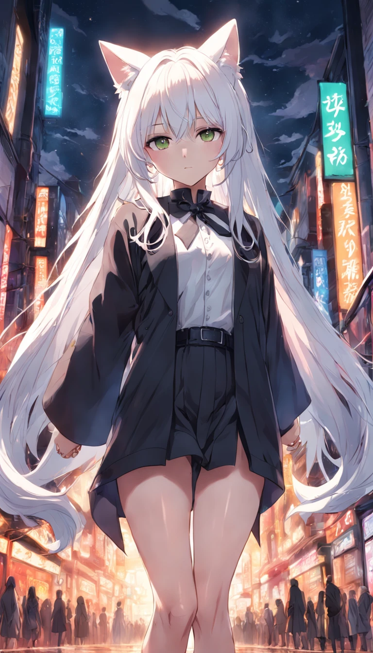 Animal ears, leg rings, white hair, long hair, green eyes, jk