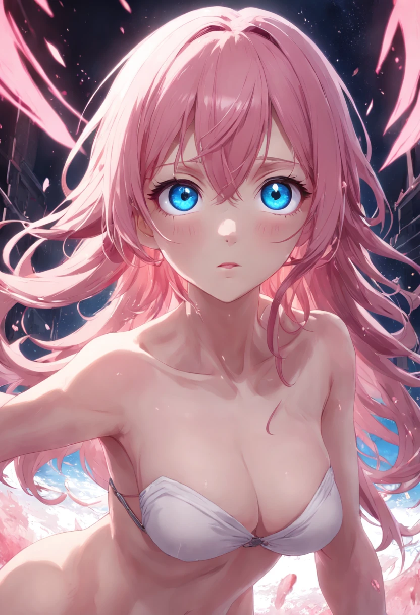 The woman is 20 years old，A pink-haired，Beautiful and detailed eyes，Perfect female body, neat figure, Slim waist ，very large eyes, Blue eyes, Medium breasts, Blush, Shy, Watery lips, (Ultra detailed), (Masterpiece), (A high resolution), (Original), (Extremely detailed Cg Unity 8K wallpaper), Character design, Game CG, Detailed manga illustrations，(NSFW 1.1)