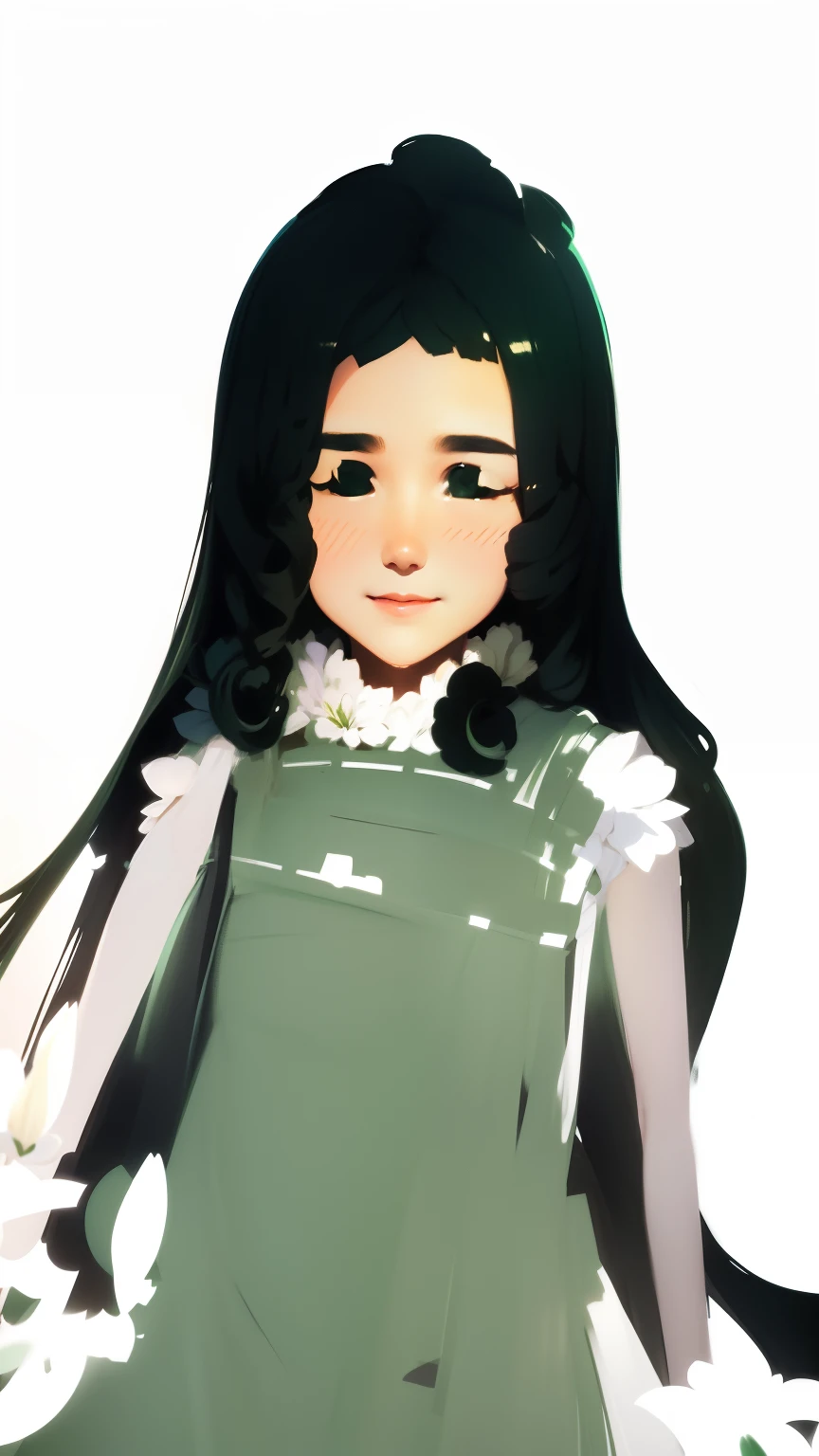 Light green skirt，ssmile，long whitr hair，curlies，gentleness，In the background is a sea of tulip flowers，Do not draw hands