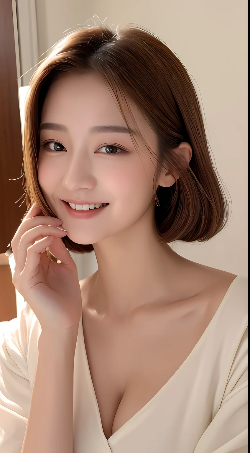 ((Best Quality, 8K, Masterpiece: 1.3)), 1girl, Slim Abs Beauty: 1.3, (Hairstyle Casual, Big Breasts: 1.2), Dress: 1.1, Super Fine Face, Delicate Eyes, Double Eyelids, Smile, Home