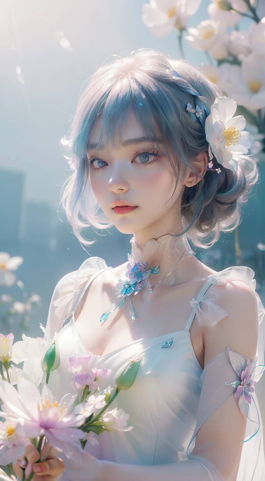 (((A girl)),Colorful transparent wings,(((In the flowers))),Princess dress,Irridescent color,The Arthur effect,, Gradient translucent glass melt, Caustics, transparent glass texture, Designed by Dietrams, Simple, Glows in high detail, white backgrounid, industrial design, studio lit, C4D, OC renderer, Clean shadows, 4K