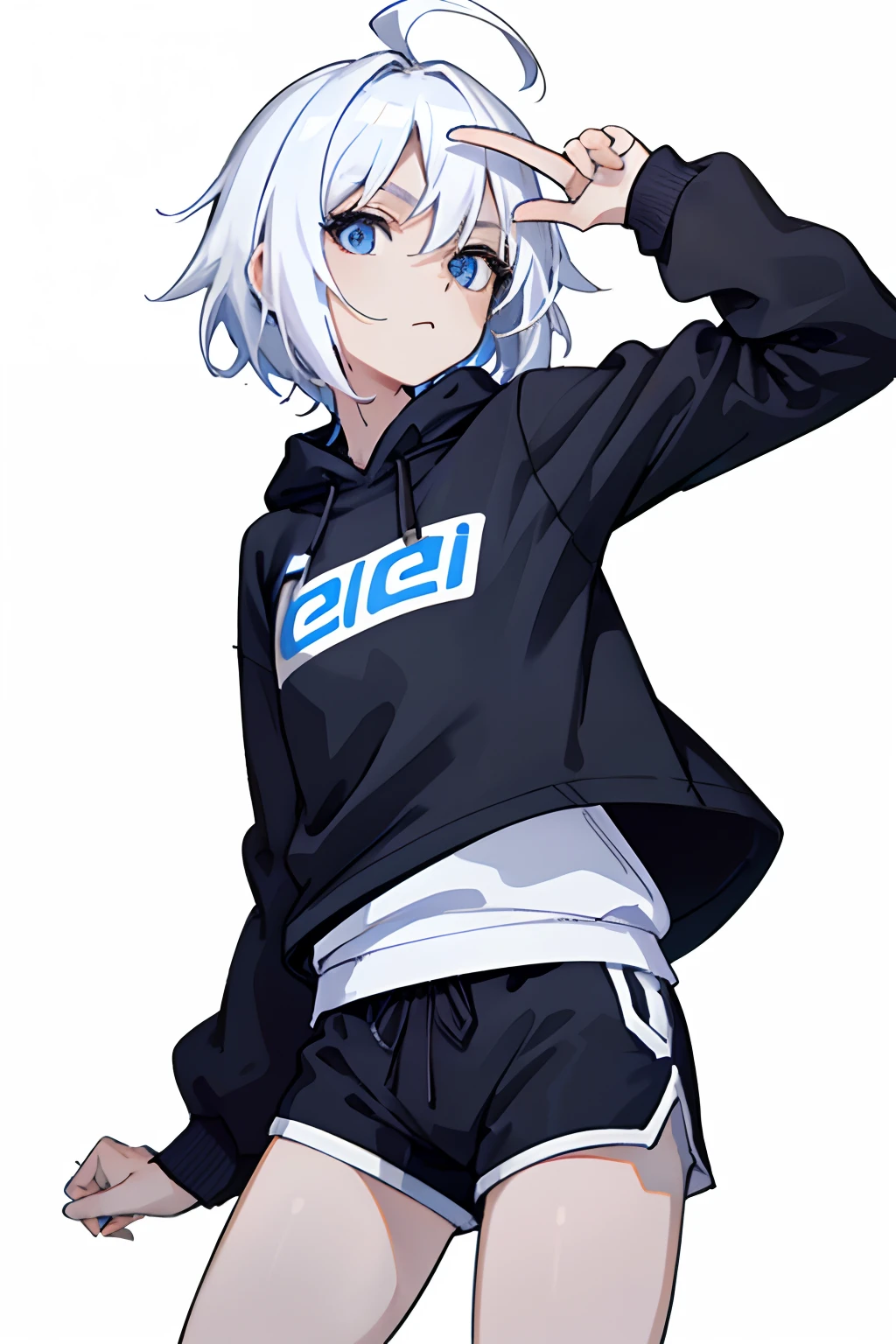 ((Masterpiece, Best quality)), (Solo), (female focus), (ahoge, White hair, Short hair), Deep blue eyes, ((White sweatshirt), ((Black super shorts),White background，Cute boy，flatchest