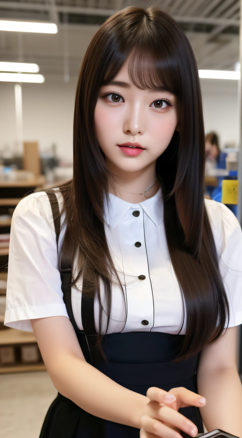 Woman in work clothes inspecting products in factory、Longhaire、(masterpiece、top-quality) 、Longhaire、absolutely outstanding image, very extremely beautiful、masterpiece, top-quality,a picture, kawaii、(Colossal tits:1.2)、((20 year old woman:1.ung adorable Japan face,8k,japanaese girl、realisitic
