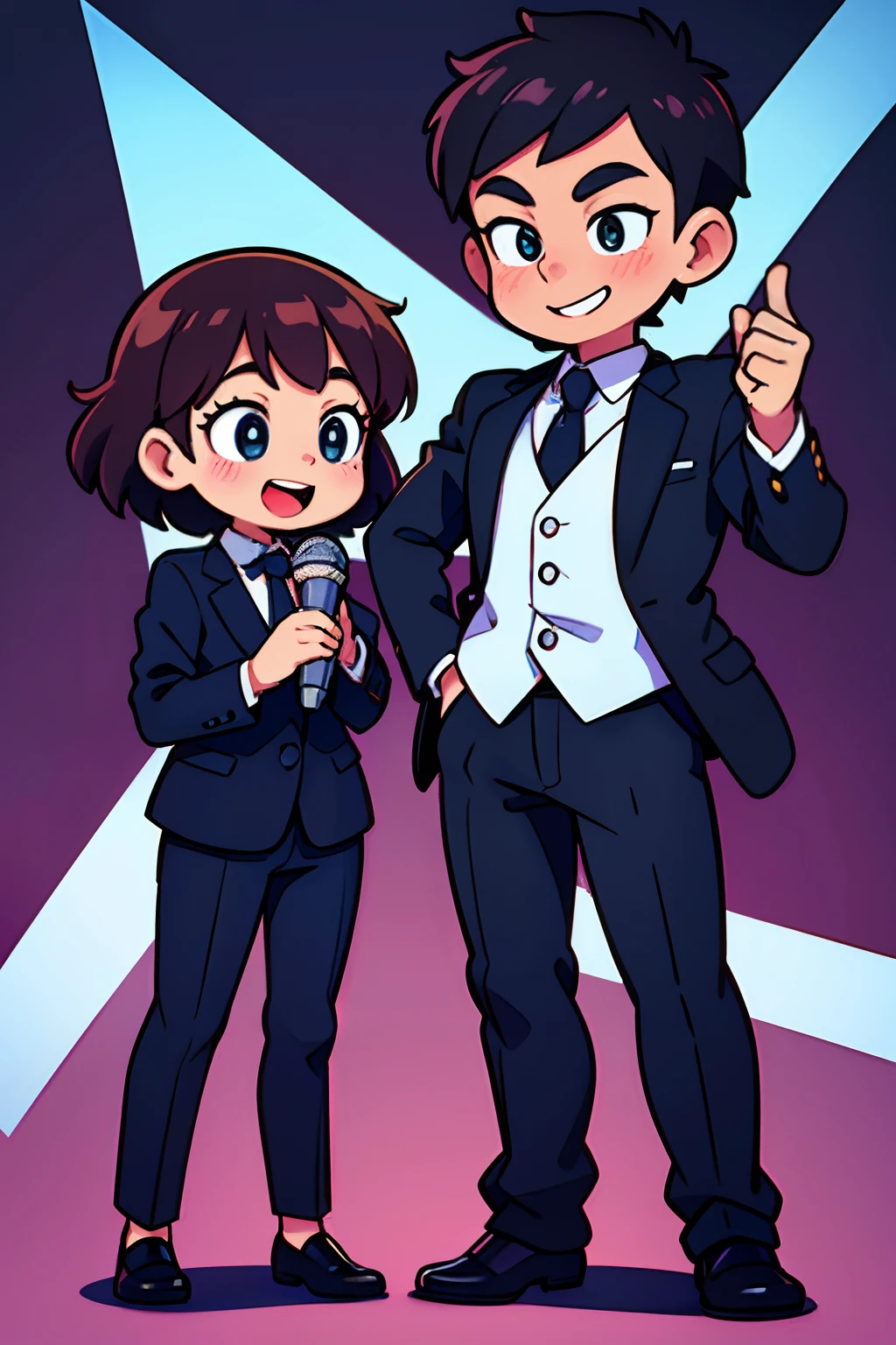 A playful and cute girl and a cute littlen black business clothes,standing on your feet,Full body photo,Q version,holding a mic,Interview another person with a smile
