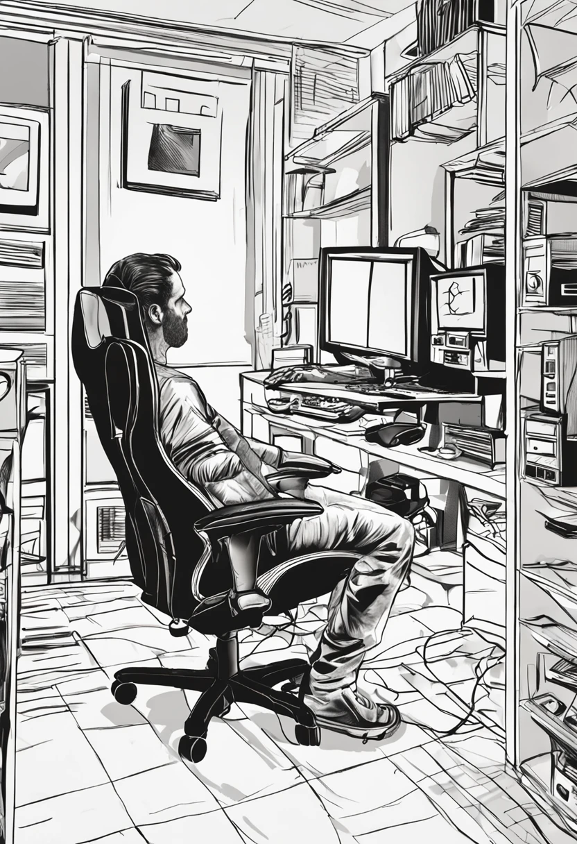 Intense isolation, immersive experience, chilling atmosphere, emotional response:0.2 In the (dark solitude)1.2 of his room, a 30-year-old guy occupies a (gaming chair)1.2, his (intense gaze)1.2 fixed on the (illuminated monitor)1.2 that projects a (haunting face)1.2, (loud scream)1.3 escaping his lips as he reacts to the fear-inducing content, a (computer case)1.2 resting on the (gaming desk)1.2, the (unsettling ambiance)1.2 amplified by his (lonely presence)1.1, this scene captures the deep emotional engagement of a solitary gamer in a spine-tingling virtual world.