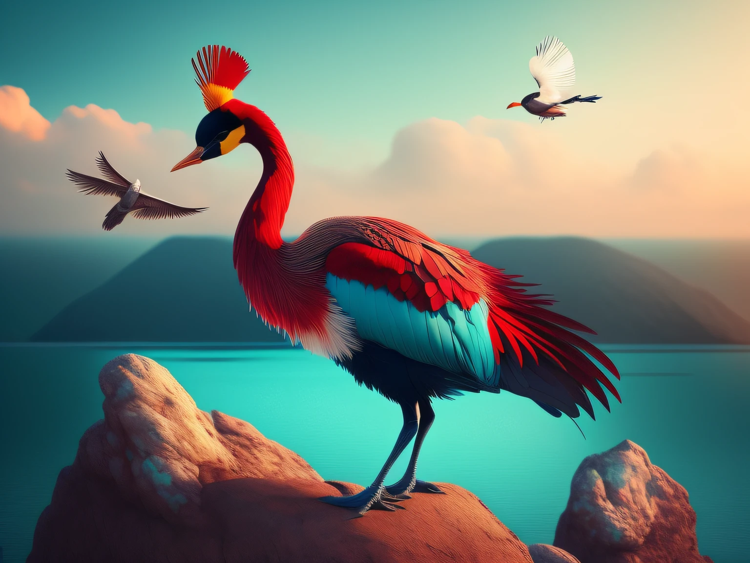 There is a one-legged red-crowned crane standing on a rock in the grass, (Cyan back feathers)，(Red belly feathers)，White mouth，a digital painting inspired by Mike Winkelmann, cgsociety contest winner, Fantasy art, fiery bird, birds f cgsociety, Beautiful digital artwork, surrealistic bird, Fantasy art Behance, stunning digital illustration, artwork of a phoenix, surrealistic bird, trend on behance 3d art