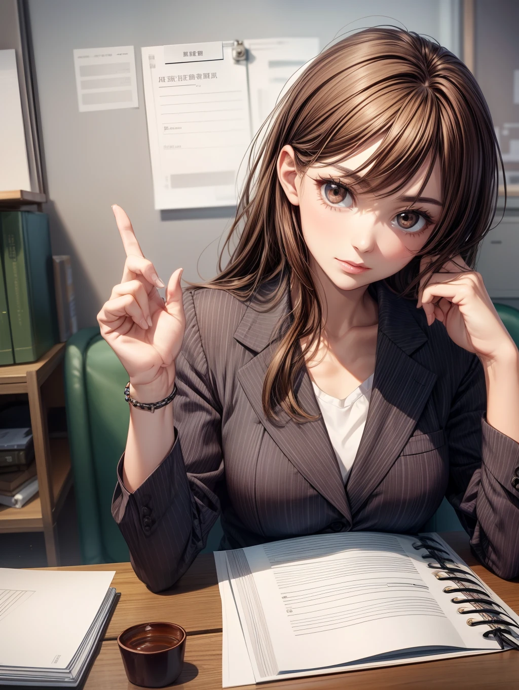 Best Quality, masutepiece, beautiful mature women、Beautiful face、Strong-minded woman、Office Suits、brown haired、Brown-eyed、Medium Hair、40 years、s Office、Raise your hand a little in greeting