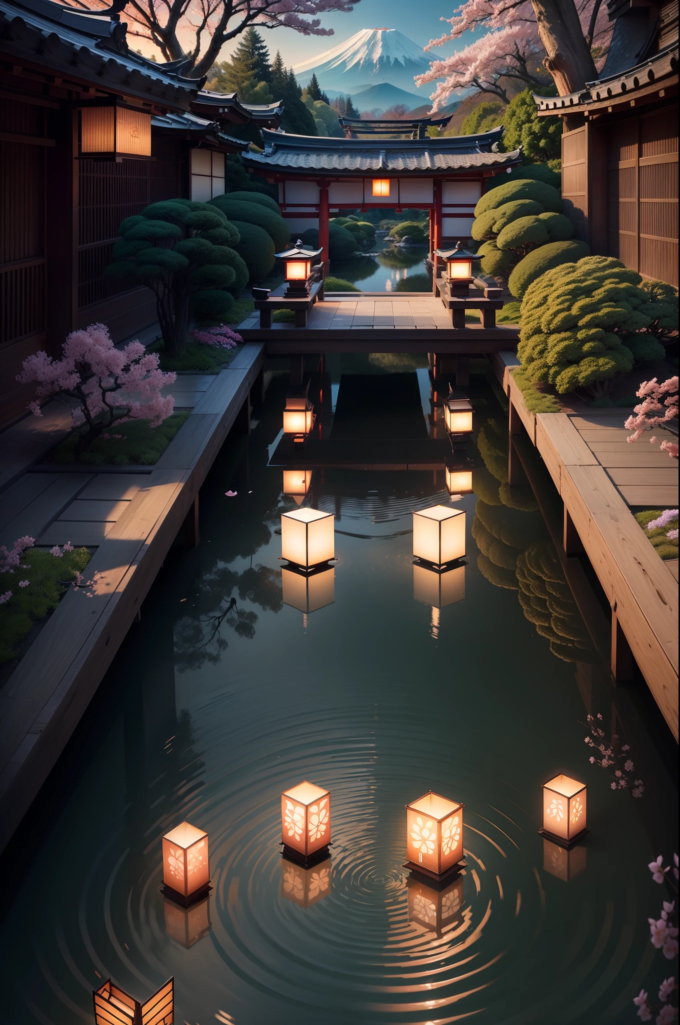 "Imagine a mesmerizing wallpaper adorned with an intricate pattern of Japanese imagery and symbols, each element contributing to a harmonious and captivating composition.
Cherry blossom petals dance delicately across the background, symbolizing fleeting beauty and the transient nature of life. Graceful koi fish swim upstream in a gentle watercurrent, representing perseverance and determination.
In the foreground, the iconic silhouette of Mount Fuji rises majestically against the horizon, embodying strength and endurance. Lanterns hang in the air, casting a warm and inviting glow, while intricate kanji characters add an element of cultural richness.
A subtle gradient of serene blues and soft pinks transitions seamlessly, evoking the tranquility of a Japanese garden at twilight. The overall design exudes a sense of balance, unity, and a deep connection to nature and tradition.
This mesmerizing wallpaper pattern transforms any space into a serene and captivating oasis, allowing you to immerse yourself in the beauty and symbolism of Japanese culture."