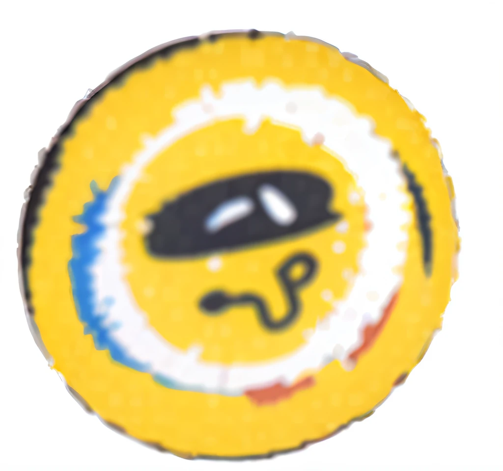 Close-up of yellow button with black and white picture, discord emoji, coin, Detailed unblurred face, obscured face, heavy jpeg artifact blurry, new emoji of biting your lip, Blurred face, smudged face, circular face, expressioness, lens flair, deblur, oversaturated lens flair, monocle, sneering, Introduction to Smiley