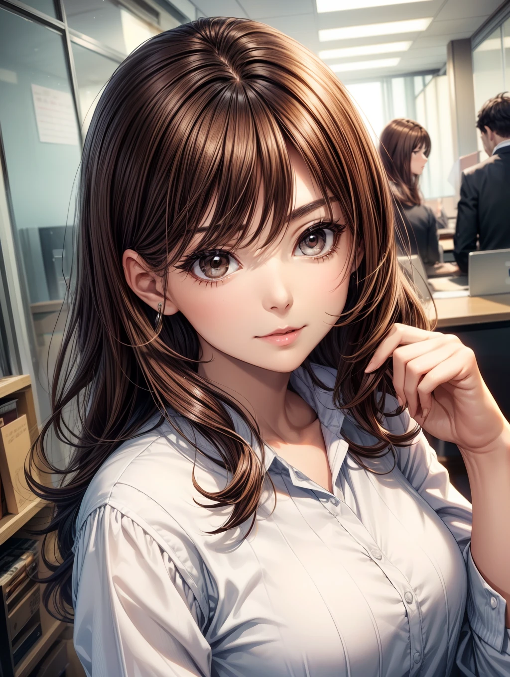 Best Quality, masutepiece, beautiful mature women、Beautiful face、Strong-minded woman、Office Suits、brown haired、Brown-eyed、Medium Hair、40 years、s Office、Raise your hand a little in greeting