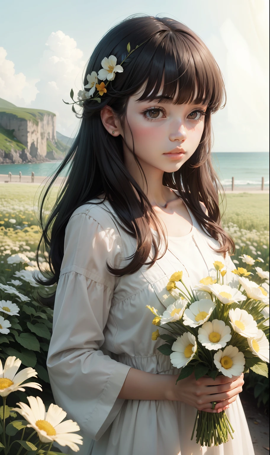 The background is a sea of flowers,Bangs change to grow bangs