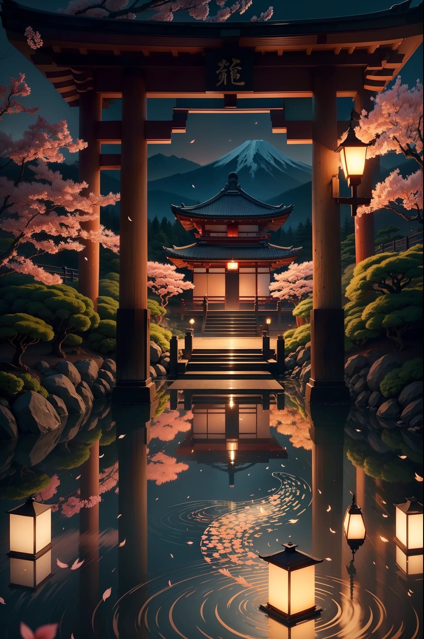 "Imagine a mesmerizing wallpaper adorned with an intricate pattern of Japanese imagery and symbols, each element contributing to a harmonious and captivating composition.
Cherry blossom petals dance delicately across the background, symbolizing fleeting beauty and the transient nature of life. Graceful koi fish swim upstream in a gentle watercurrent, representing perseverance and determination.
In the foreground, the iconic silhouette of Mount Fuji rises majestically against the horizon, embodying strength and endurance. Lanterns hang in the air, casting a warm and inviting glow, while intricate kanji characters add an element of cultural richness.
A subtle gradient of serene blues and soft pinks transitions seamlessly, evoking the tranquility of a Japanese garden at twilight. The overall design exudes a sense of balance, unity, and a deep connection to nature and tradition.
This mesmerizing wallpaper pattern transforms any space into a serene and captivating oasis, allowing you to immerse yourself in the beauty and symbolism of Japanese culture."