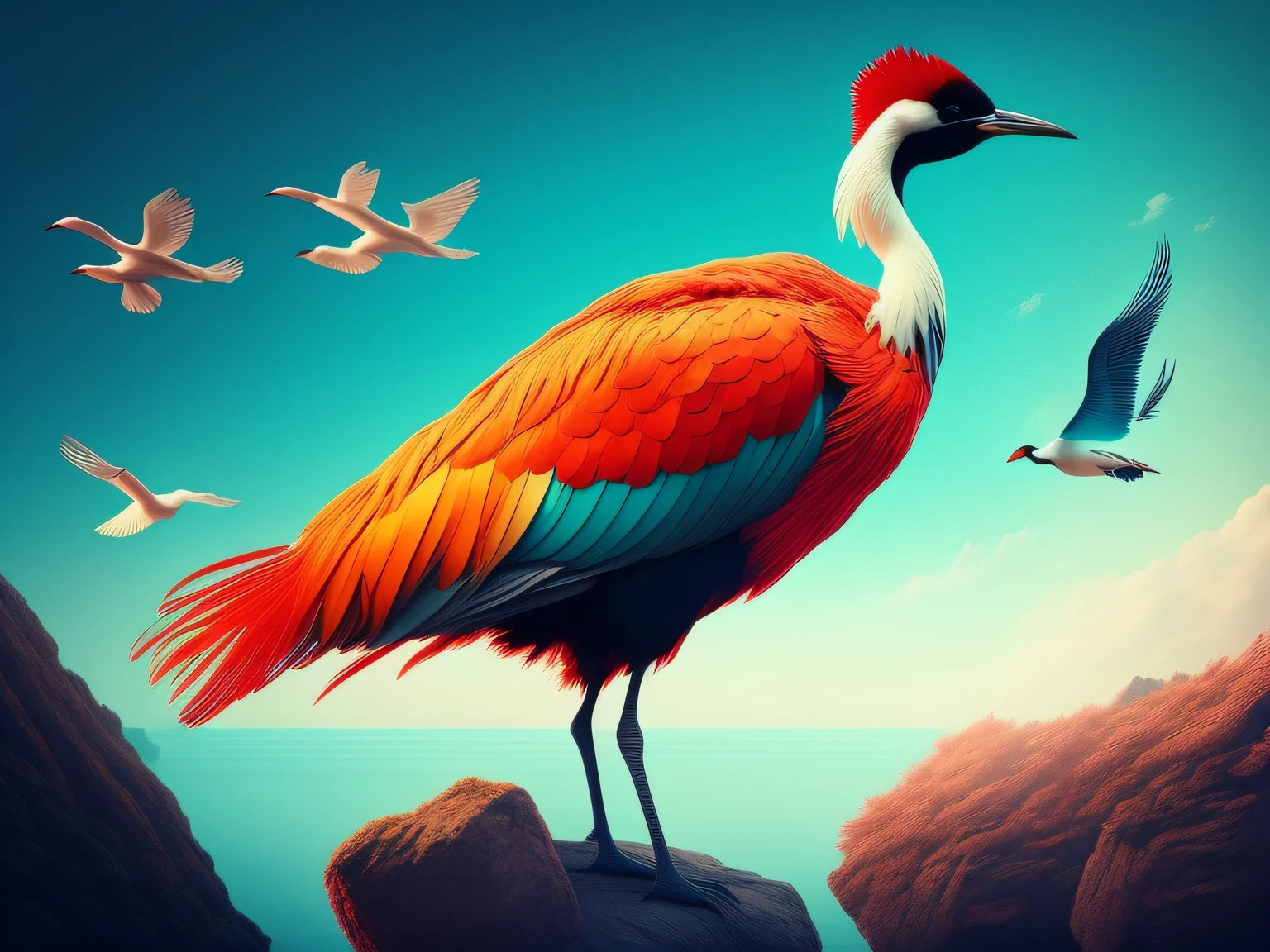 There is a one-legged red-crowned crane standing on a rock in the grass, (Cyan back feathers),(Red belly feathers),White mouth,a digital painting inspired by Mike Winkelmann, cgsociety contest winner, Fantasy art, fiery bird, birds f cgsociety, Beautiful digital artwork, surrealistic bird, Fantasy art Behance, stunning digital illustration, artwork of a phoenix, surrealistic bird, trend on behance 3d art