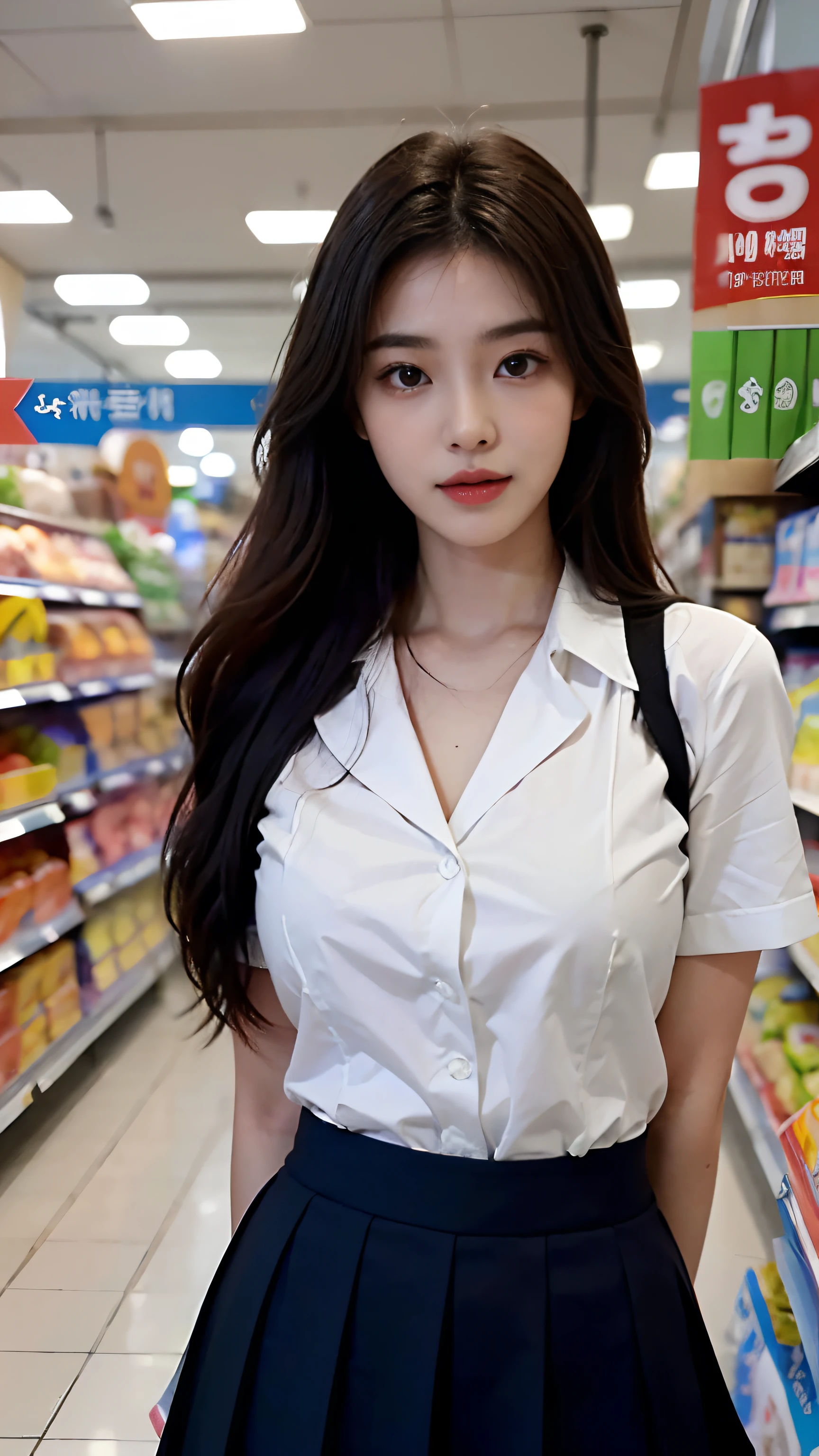 Slender Asian girl, kpop idol, ((school uniform)), ((top quality, 8k, masterpiece: 1.3)), crisp focus: 1.2, beautiful woman with perfect figure: 1.4, ighly detailed face and skin texture, detailed eyes, skinny, beautiful face, symmetrical face, full-length, slightly naked, sexy, boobs are visible, in supermarket