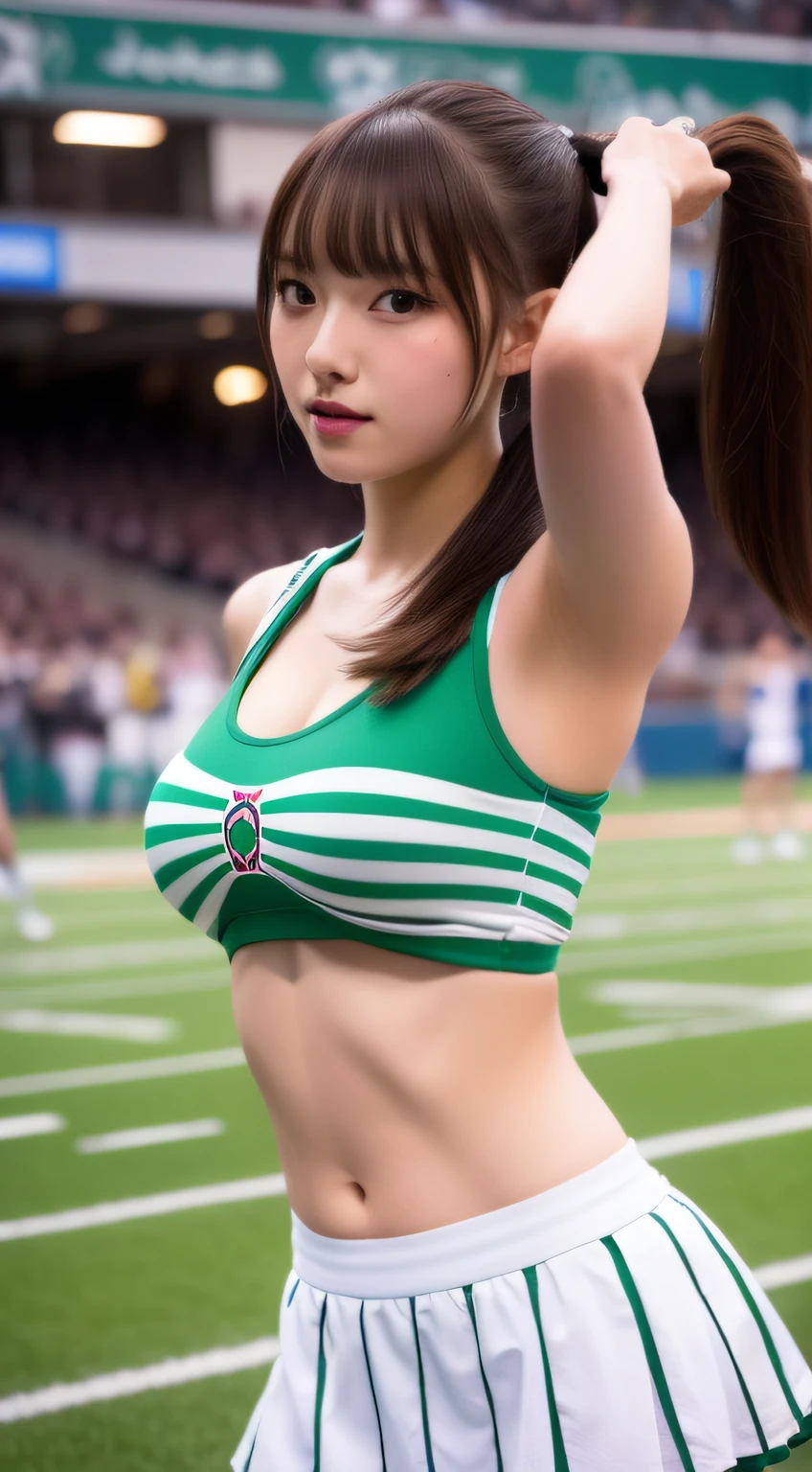 Cheerleader cheering on athletes at sporting events、poneyTail、(​masterpiece、top-quality) 、absolutely outstanding image, very extremely beautiful、​masterpiece, top-quality,a picture, kawaii、(Colossal tits:1.2)、((20 year old woman:1.2))、Young adorable Japan face,8k,japanaese girl、realisitic