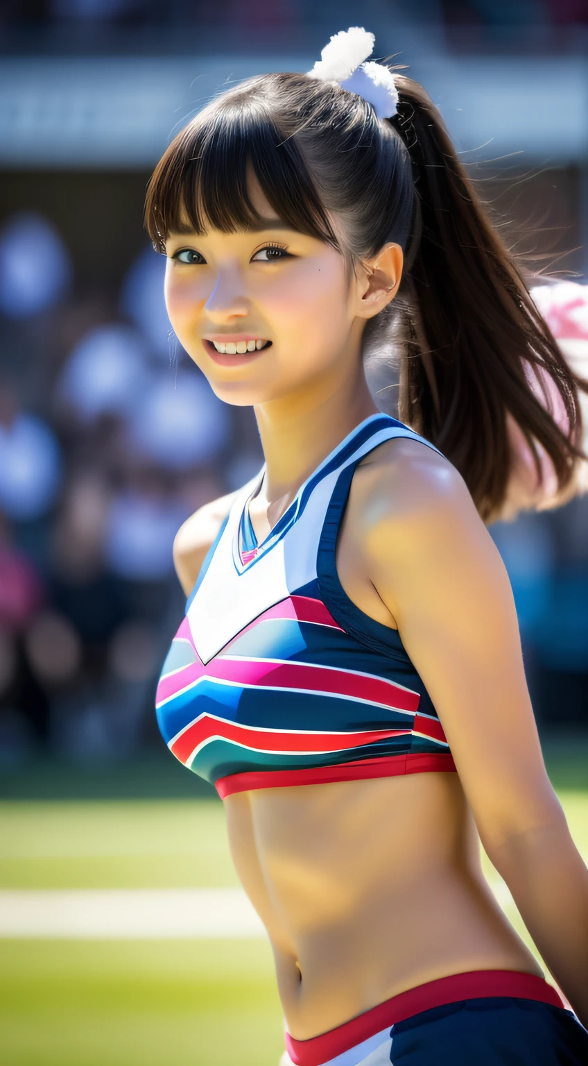 Cheerleader cheering on athletes at sporting events、Have a pom pom、(​masterpiece、top-quality) 、absolutely outstanding image, very extremely beautiful、​masterpiece, top-quality,a picture, kawaii、(Colossal tits:1.2)、((20 year old woman:1.2))、Young adorable Japan face,8k,japanaese girl、realisitic